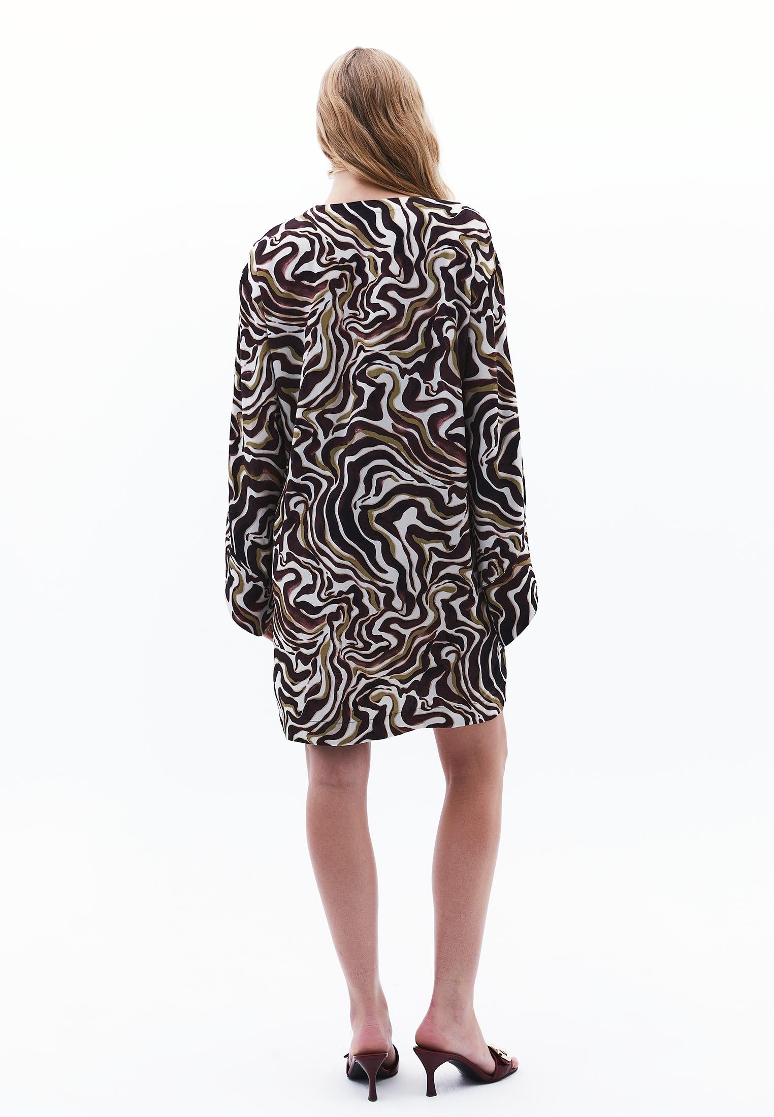 Woven Printed Tied Short V Neck Long Sleeve Dress - WAVY COMB