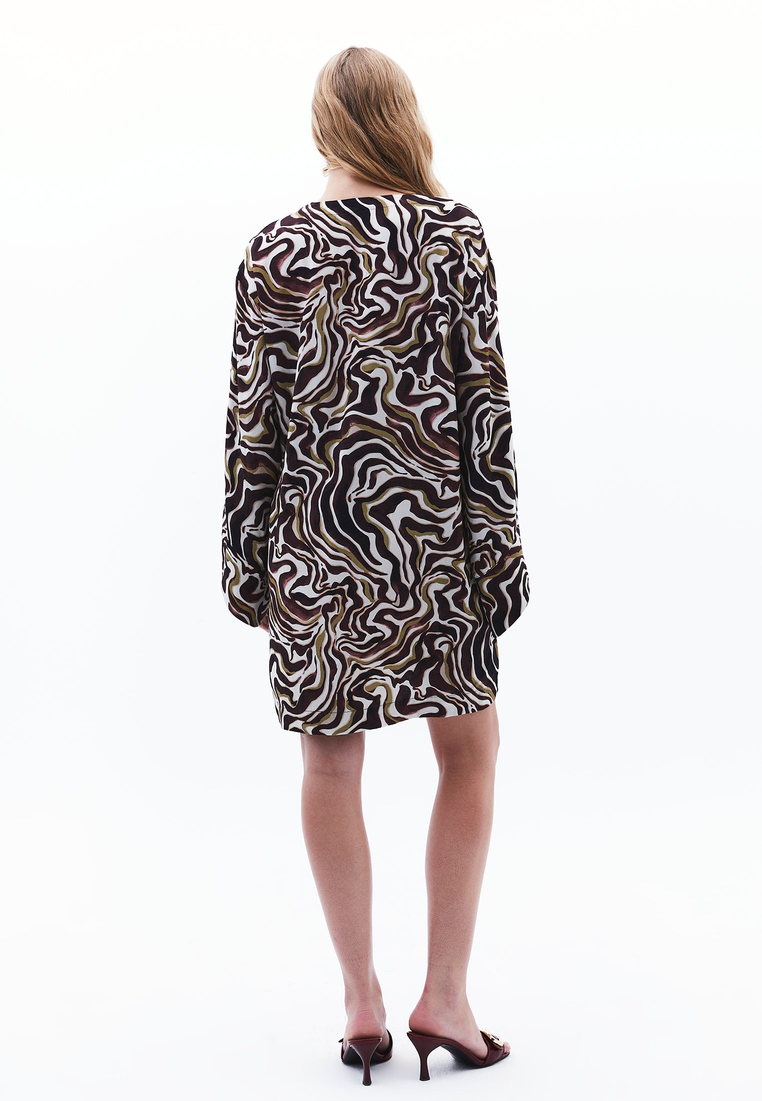 Woven Printed Tied Short V Neck Long Sleeve Dress - WAVY COMB