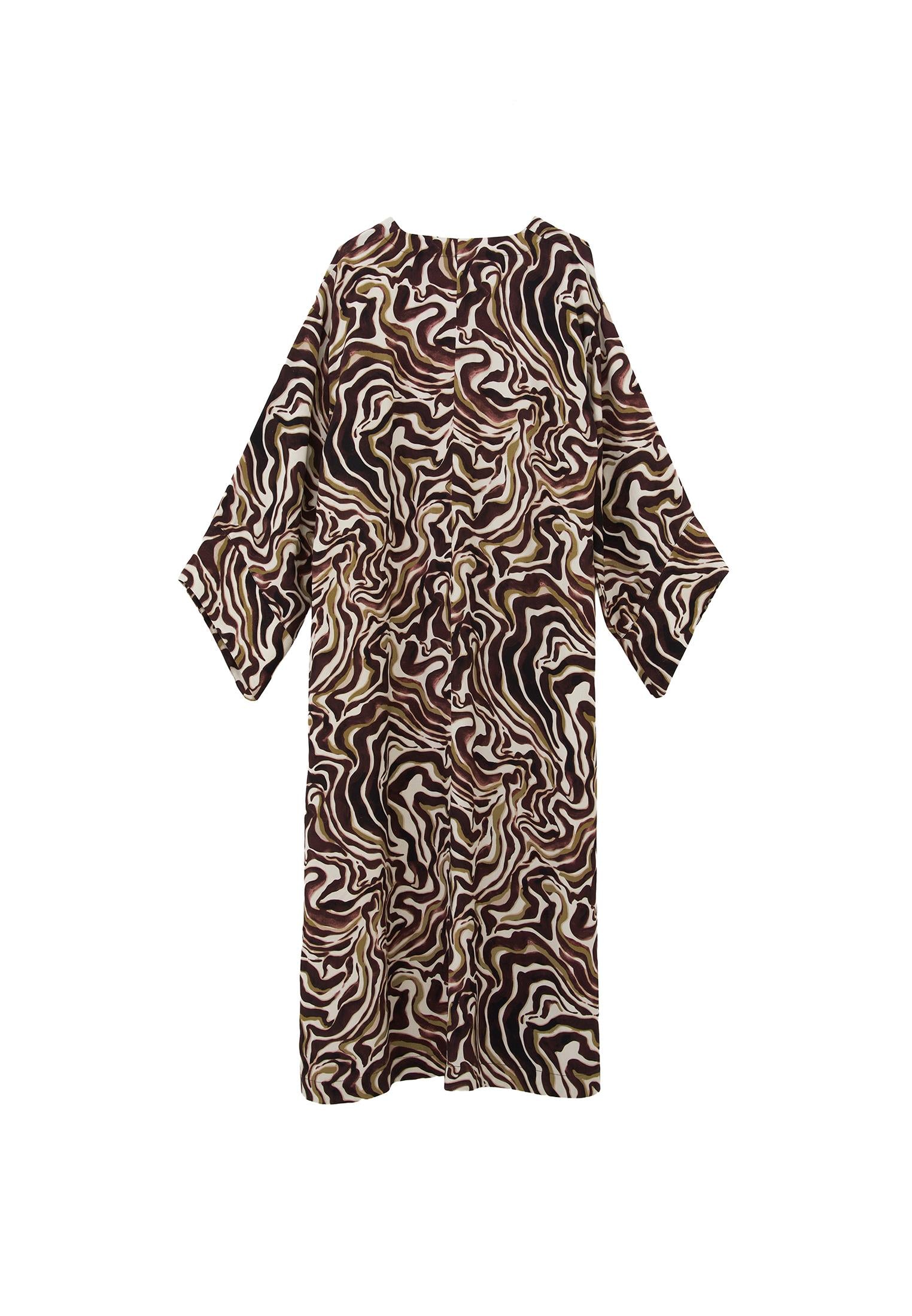 V Neck Printed Tie Long Dress - WAVY COMB