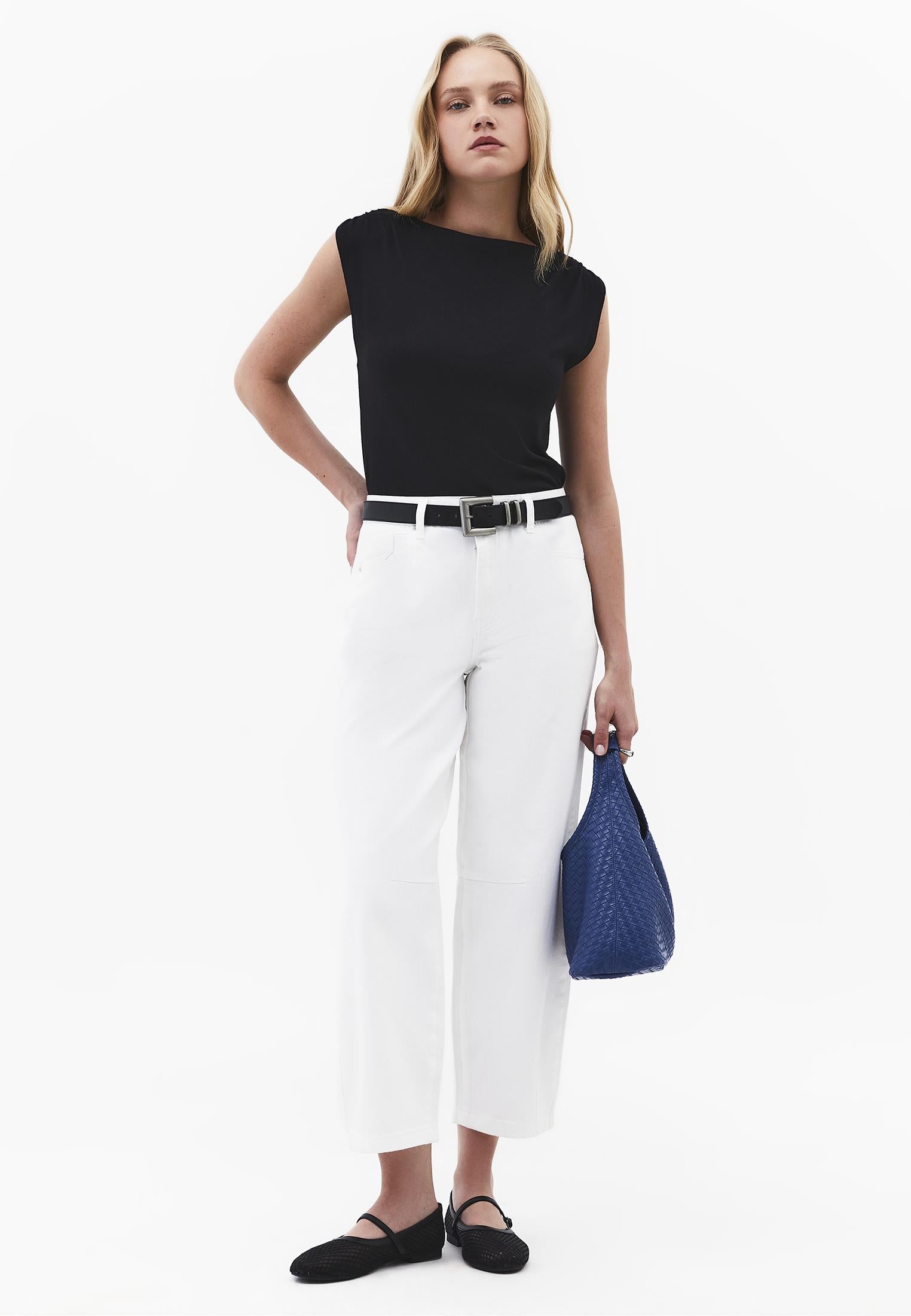 Cut Detailed Barrel Leg Pants - WHITE DENIM