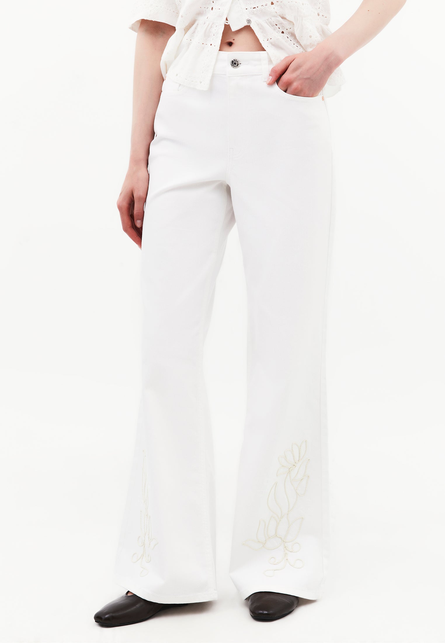 High Waist Wide Leg Embroidered Denim Pants - WHITE DENIM