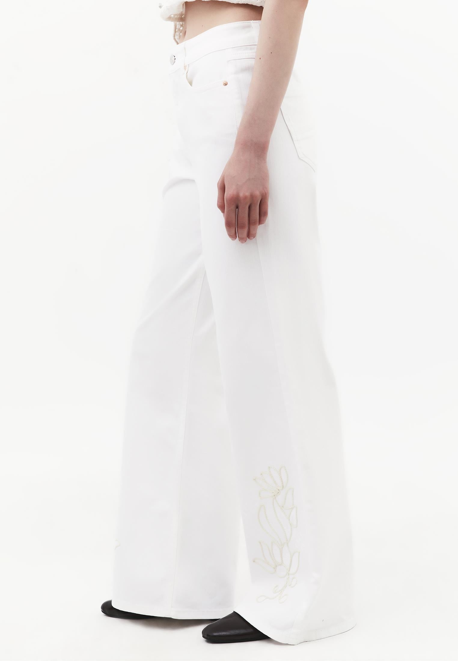 High Waist Wide Leg Embroidered Denim Pants - WHITE DENIM