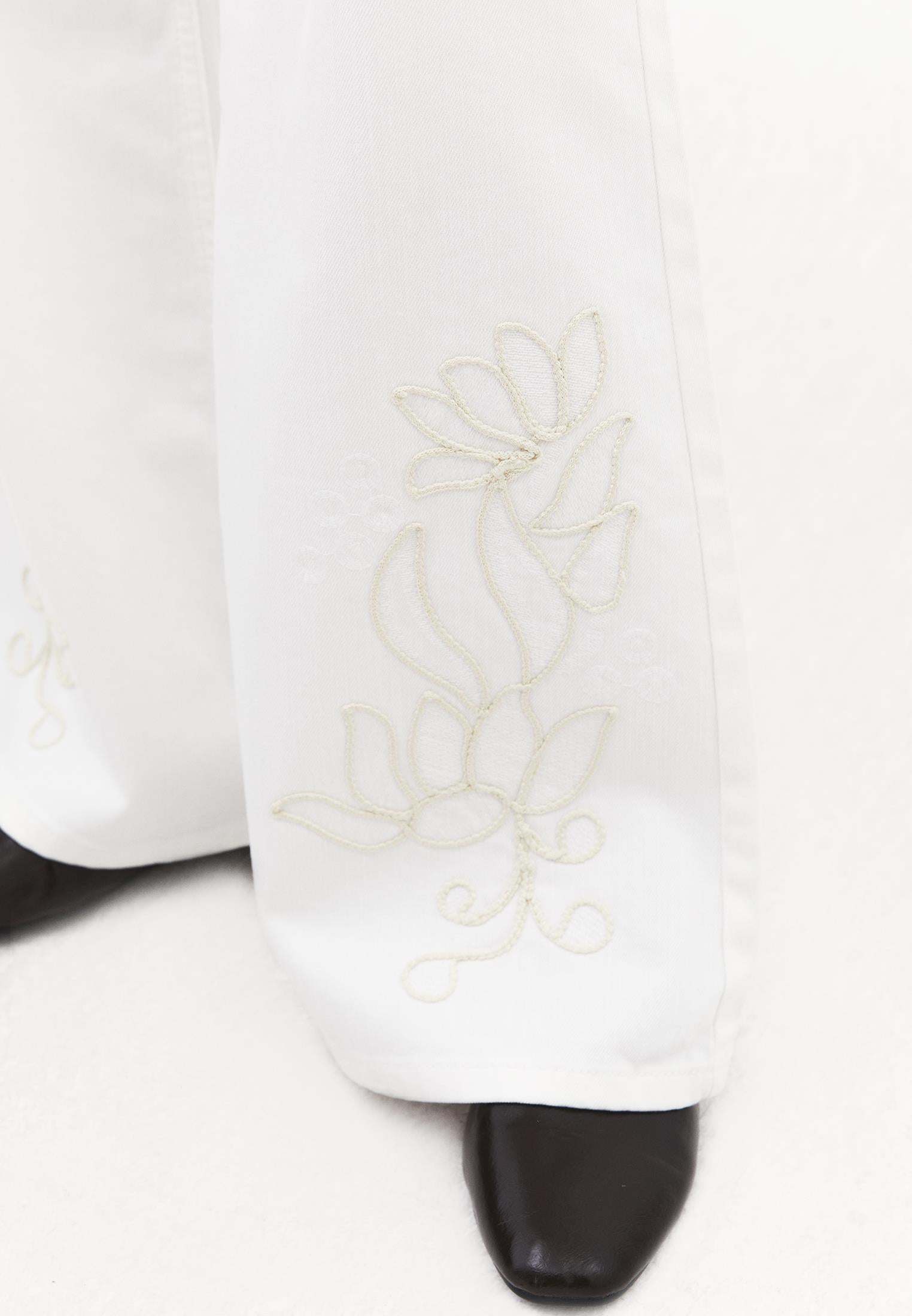 High Waist Wide Leg Embroidered Denim Pants - WHITE DENIM