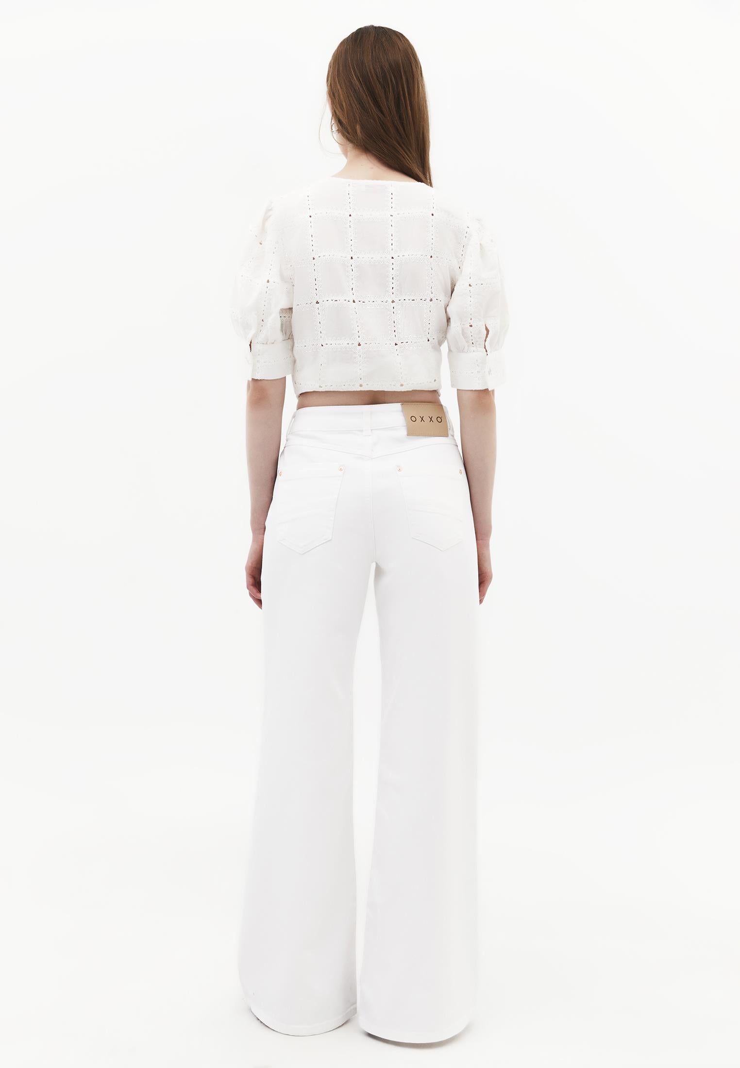 High Waist Wide Leg Embroidered Denim Pants - WHITE DENIM