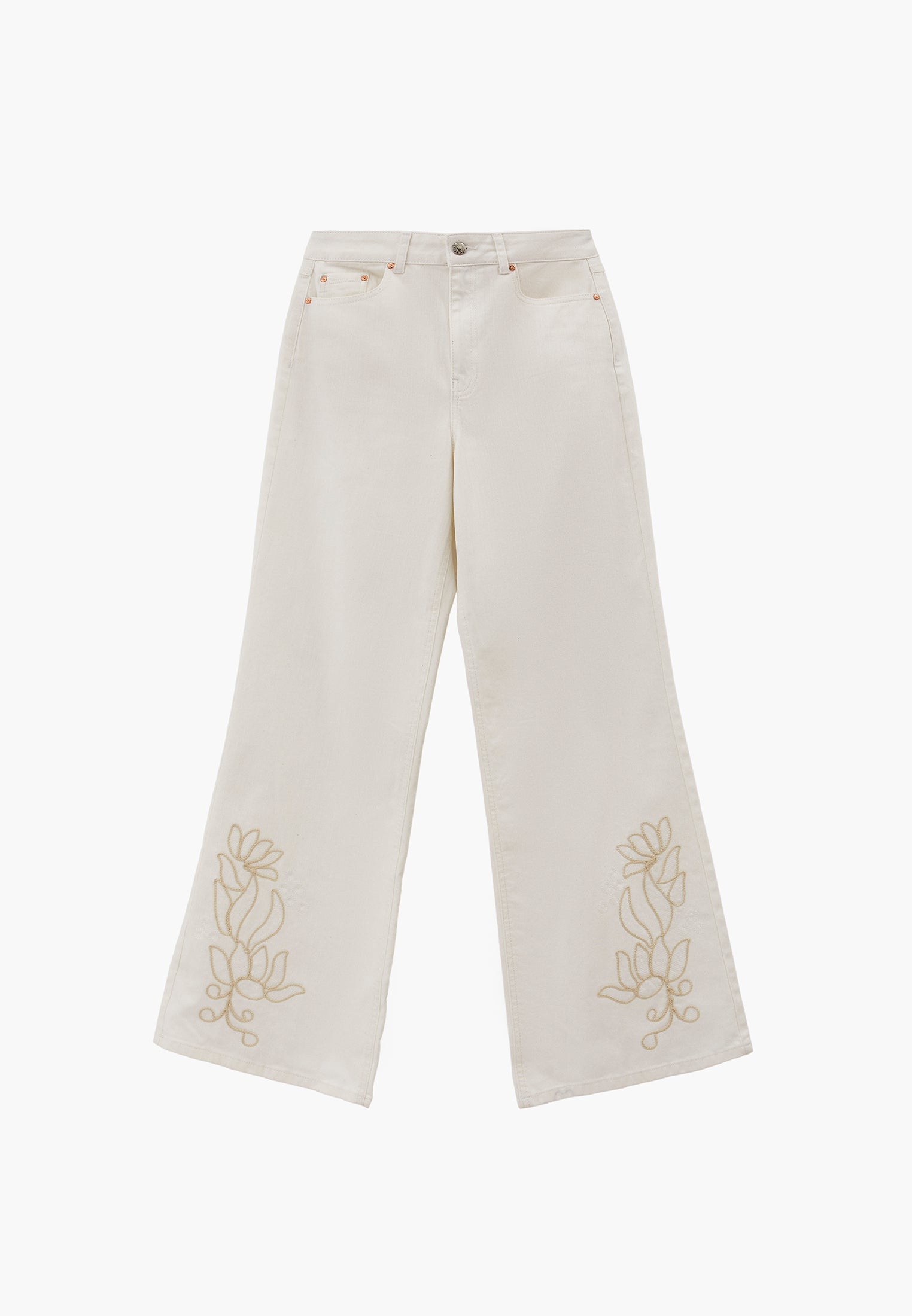 High Waist Wide Leg Embroidered Denim Pants - WHITE DENIM
