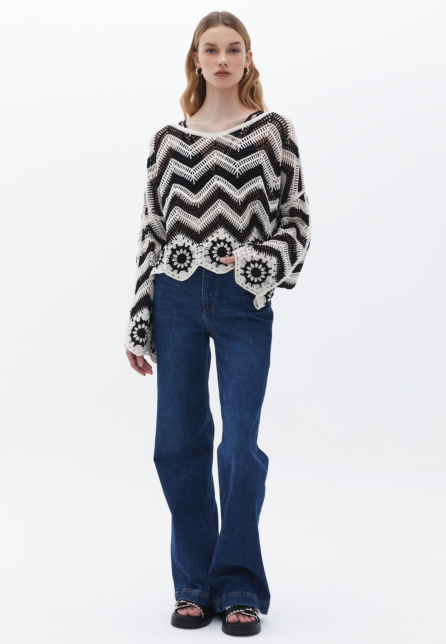 Loose Boat Neck Blouse - BLACK/WHITE MIX