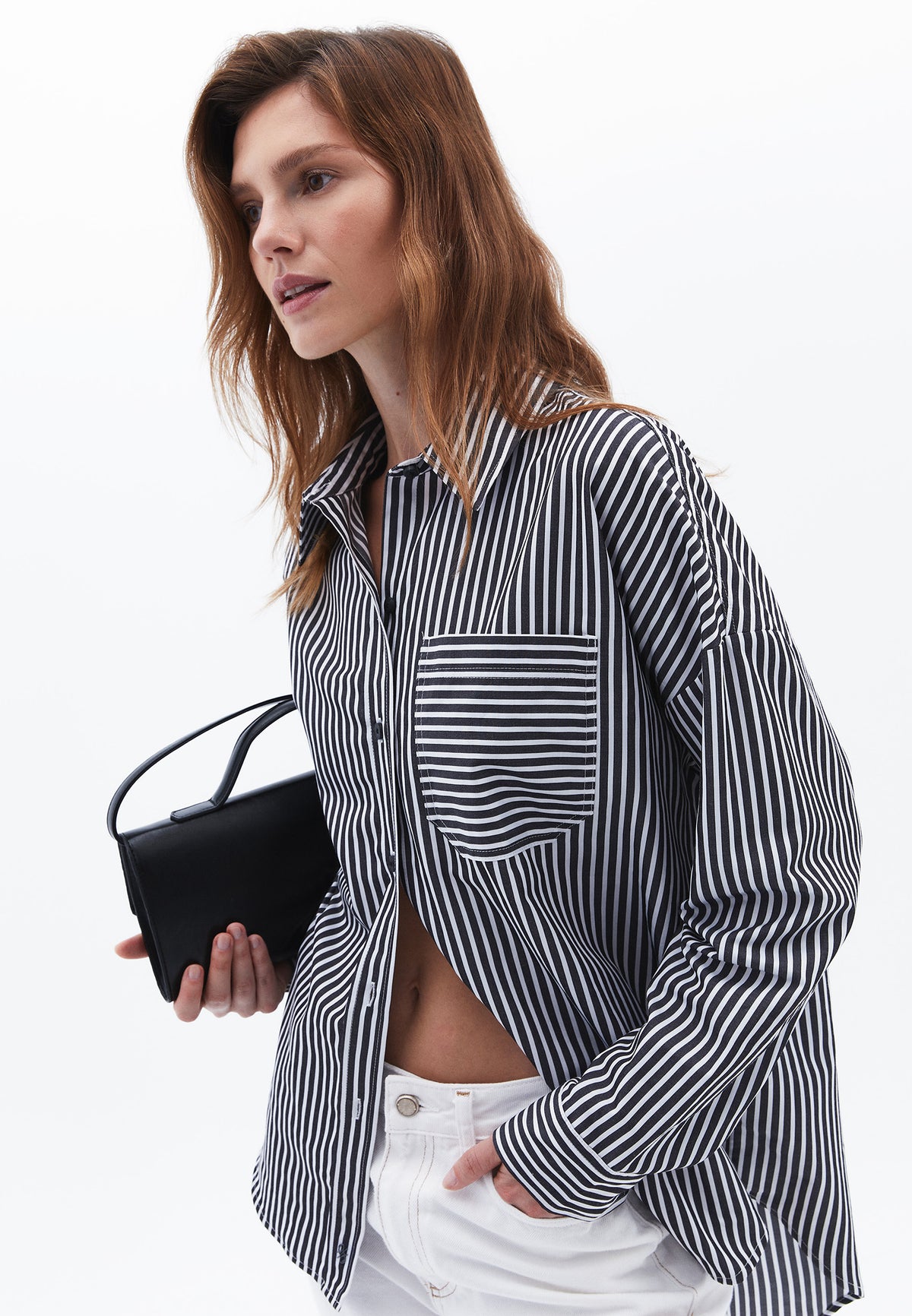 Striped Oversize Shirt With Pocket Detail - BLACK/WHITE STRIPE