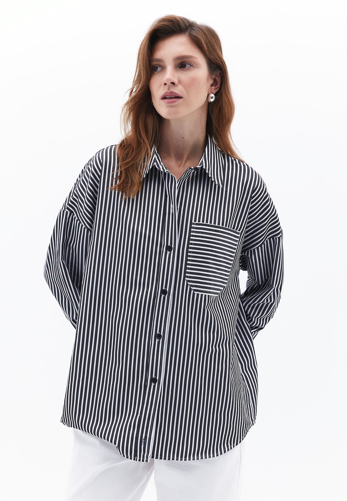 Striped Oversize Shirt With Pocket Detail - BLACK/WHITE STRIPE