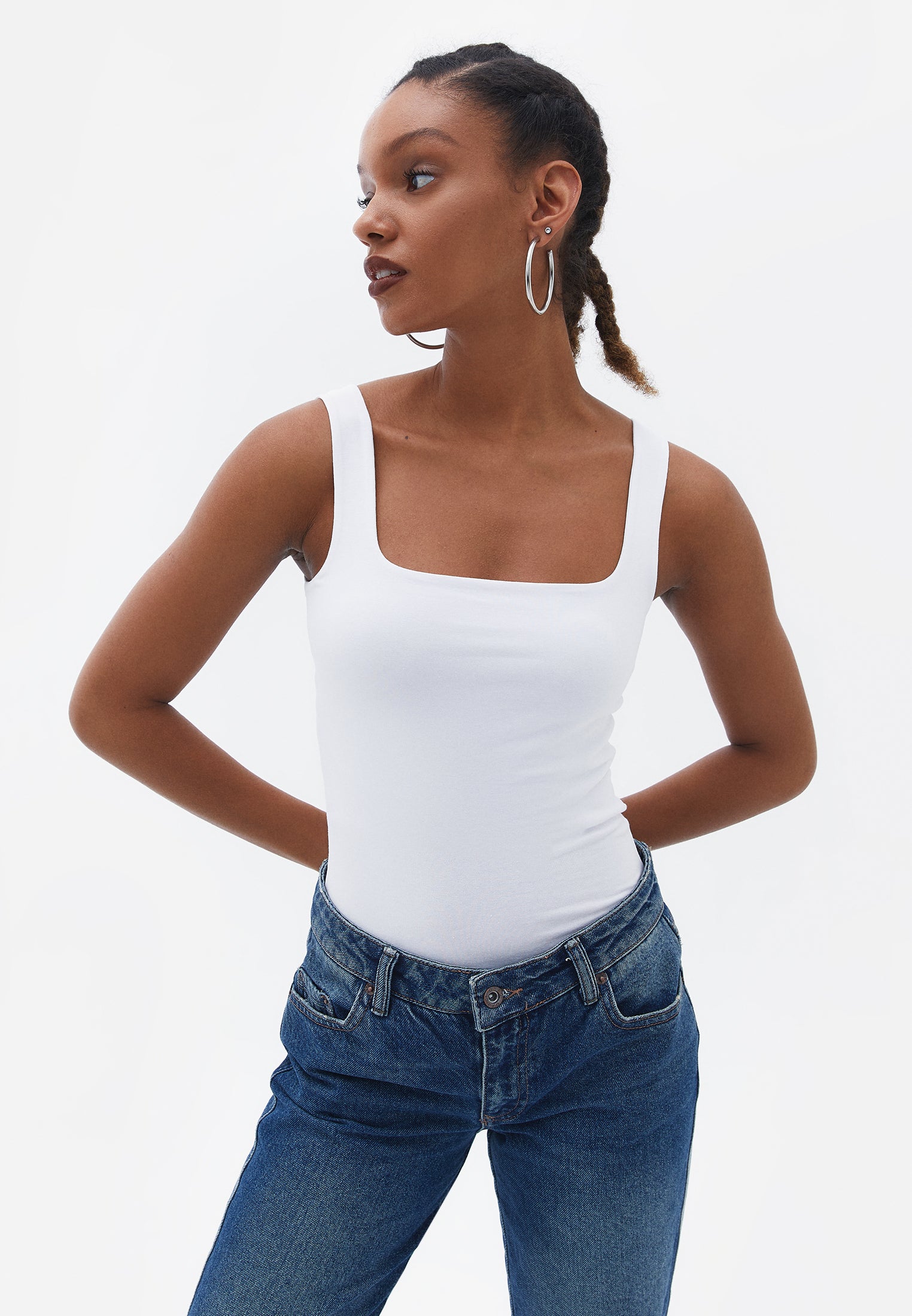 Square Neck Sleeveless Long Tank Top - WHITE