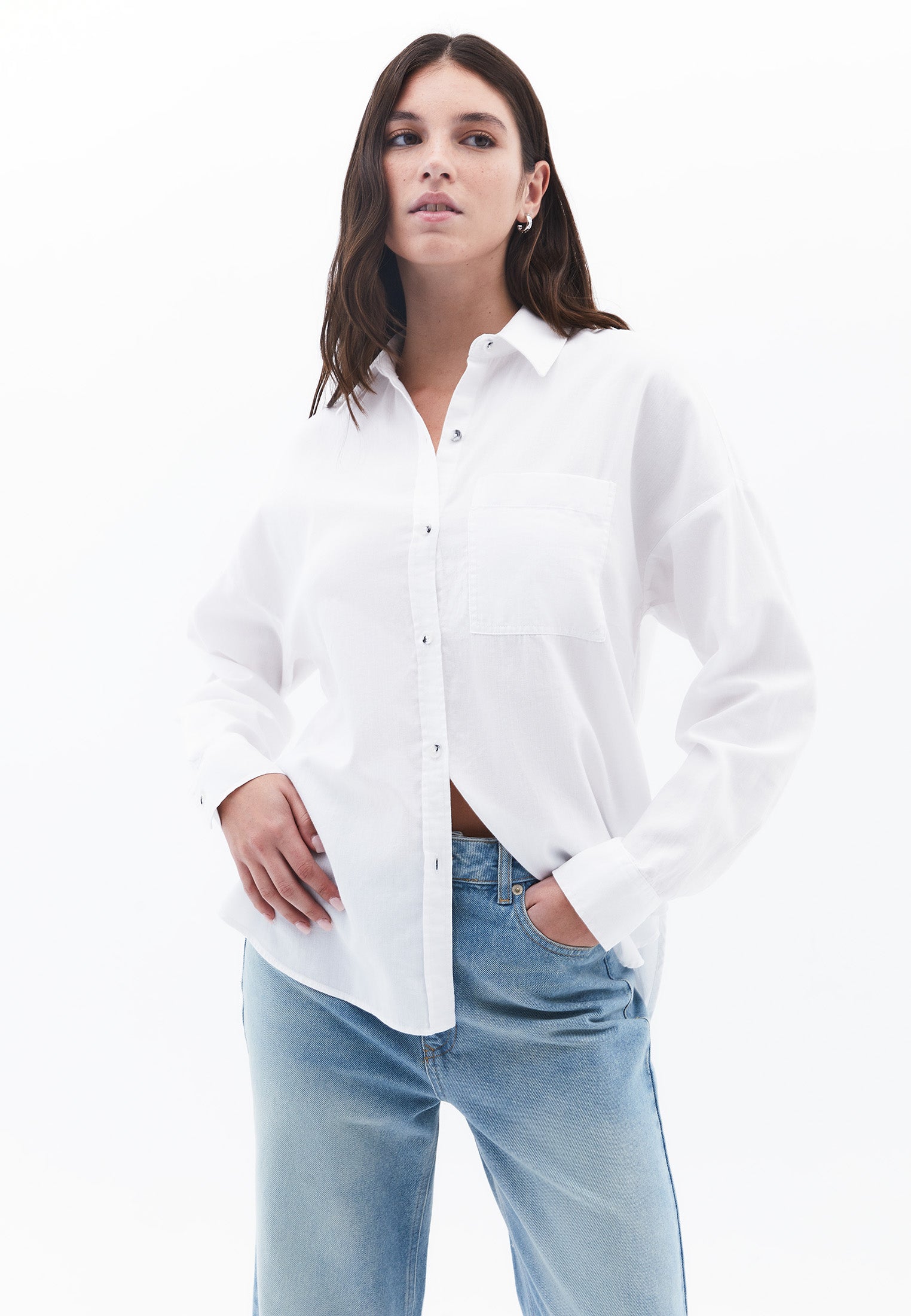 Long Sleeve Shirt Collar Shirt With Button Details - WHITE
