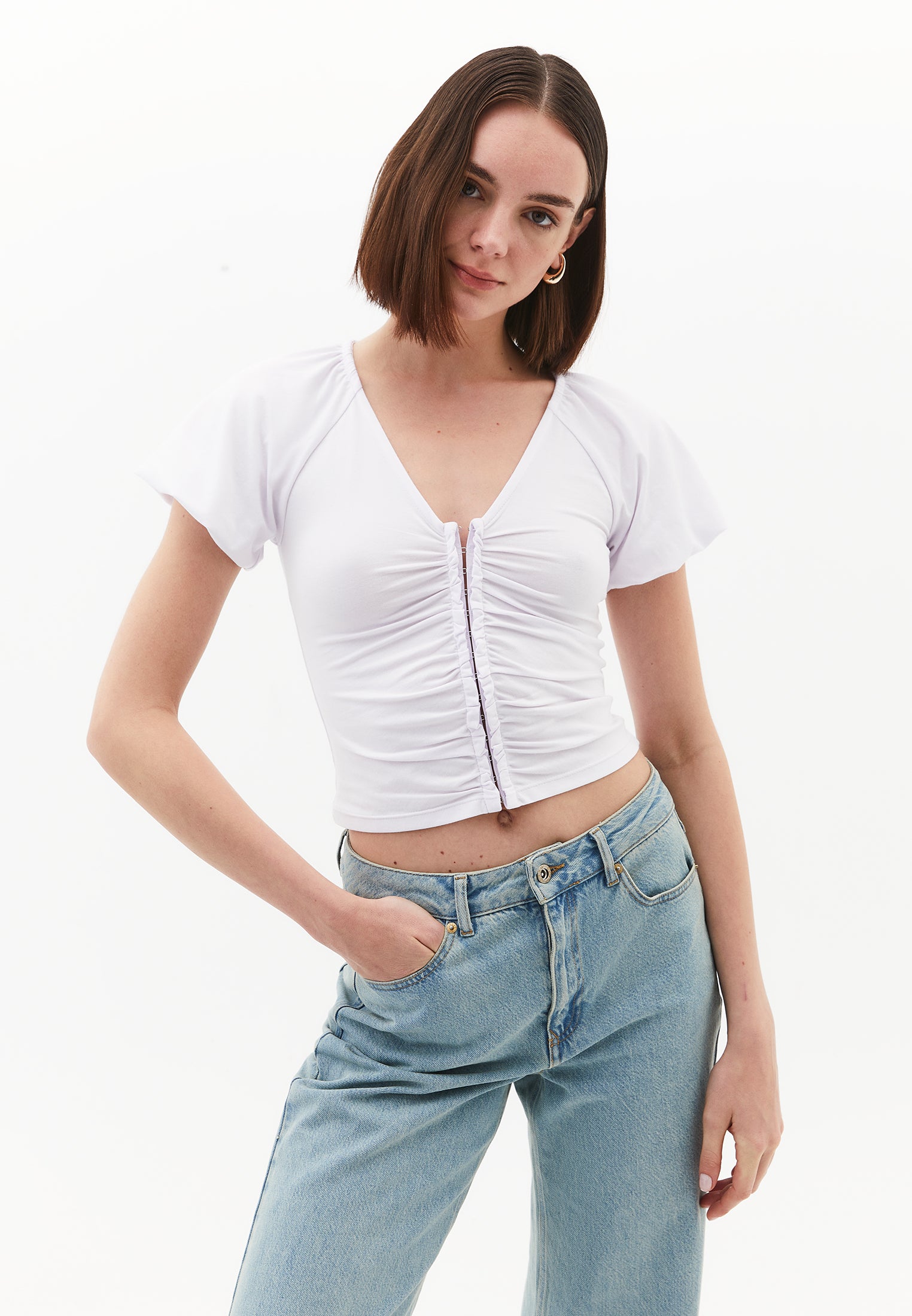 V Neck Balloon Sleeve Blouse - WHITE