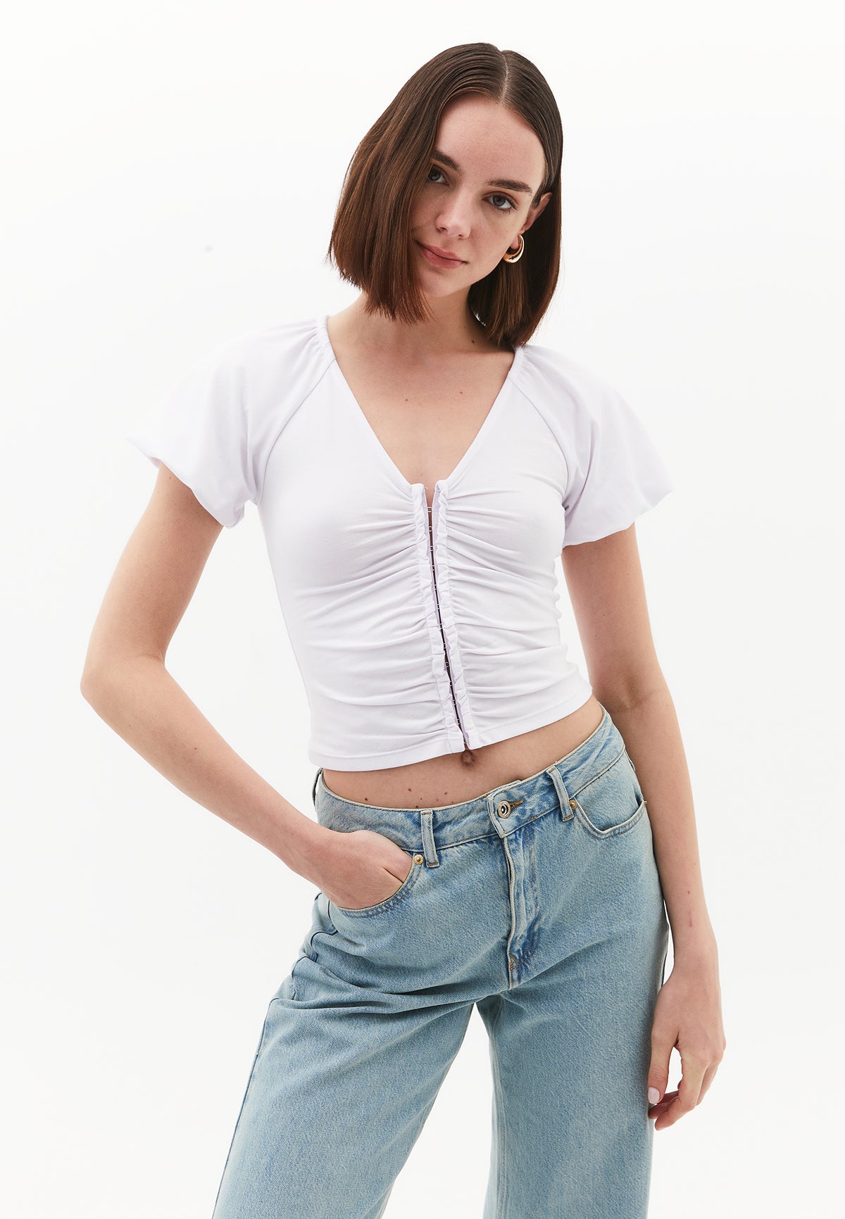 V Neck Balloon Sleeve Blouse - WHITE