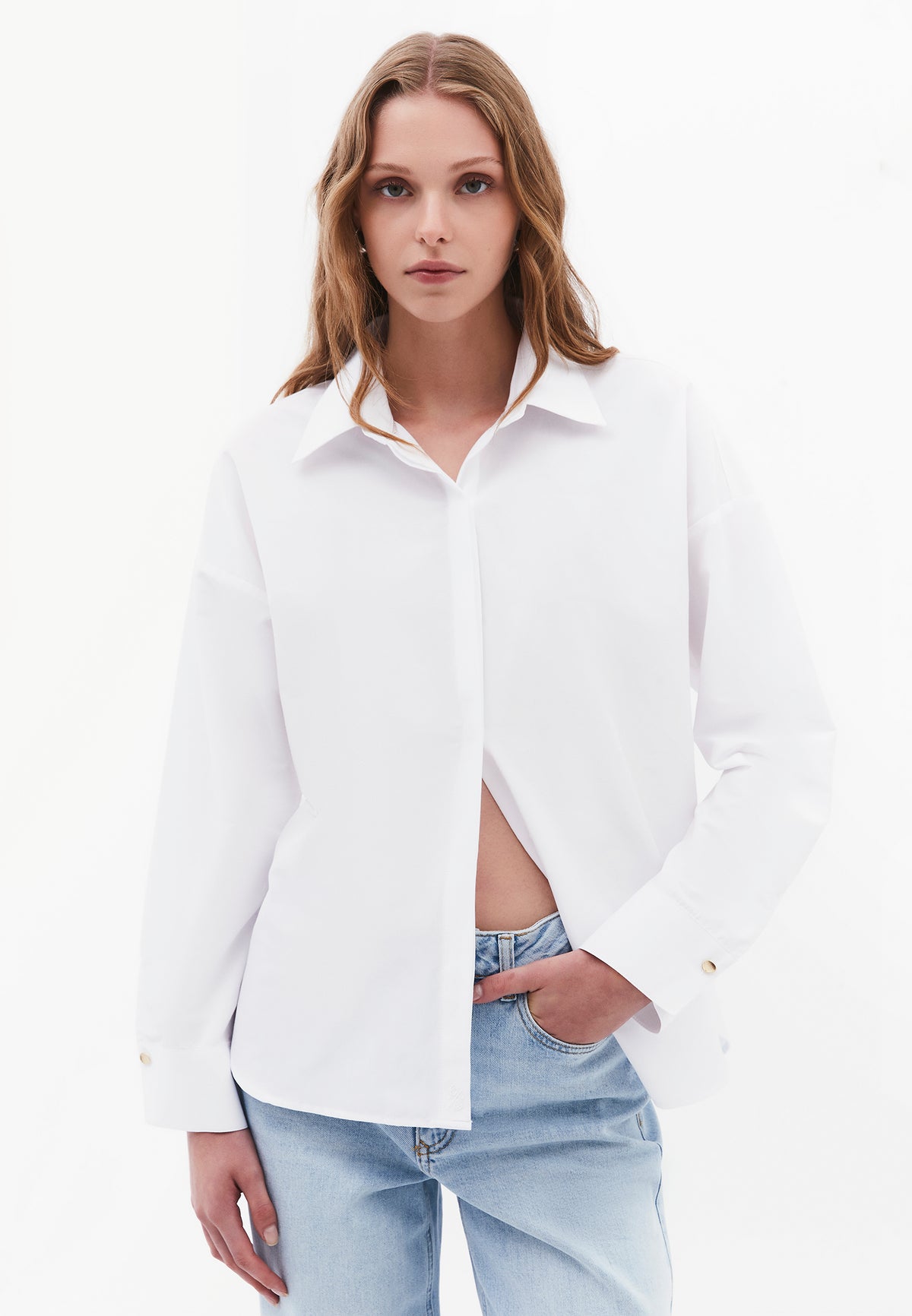 Loose Fit Long Sleeve Shirt With Button Details - WHITE