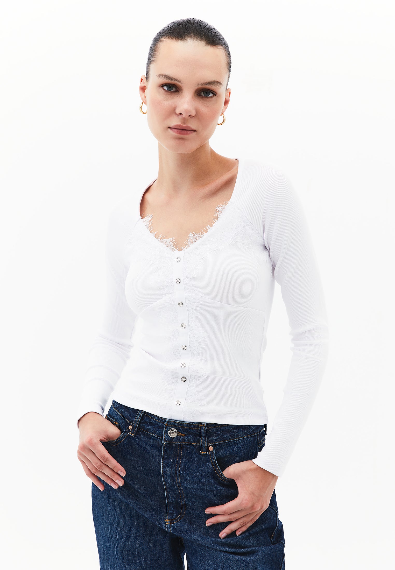 Ribbed Fabric Button Detailed V Neck Long Sleeve T-Shirt - WHITE