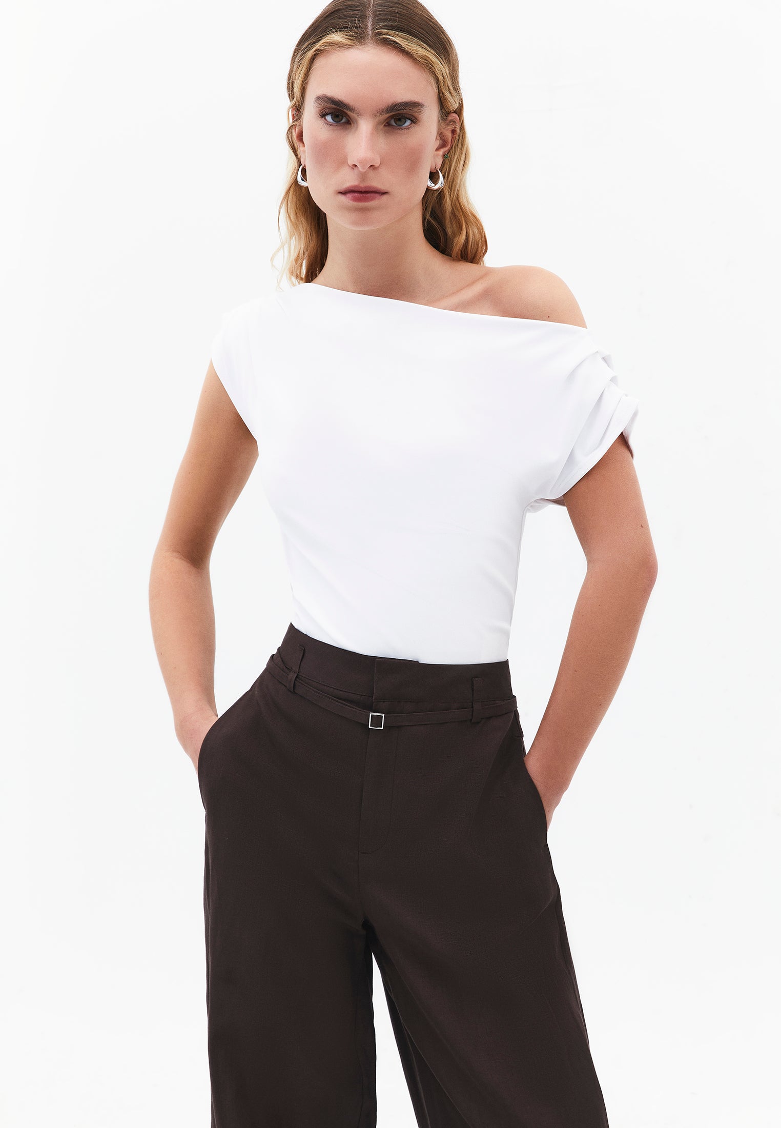 Boat Neck Short Sleeve Blouse - WHITE