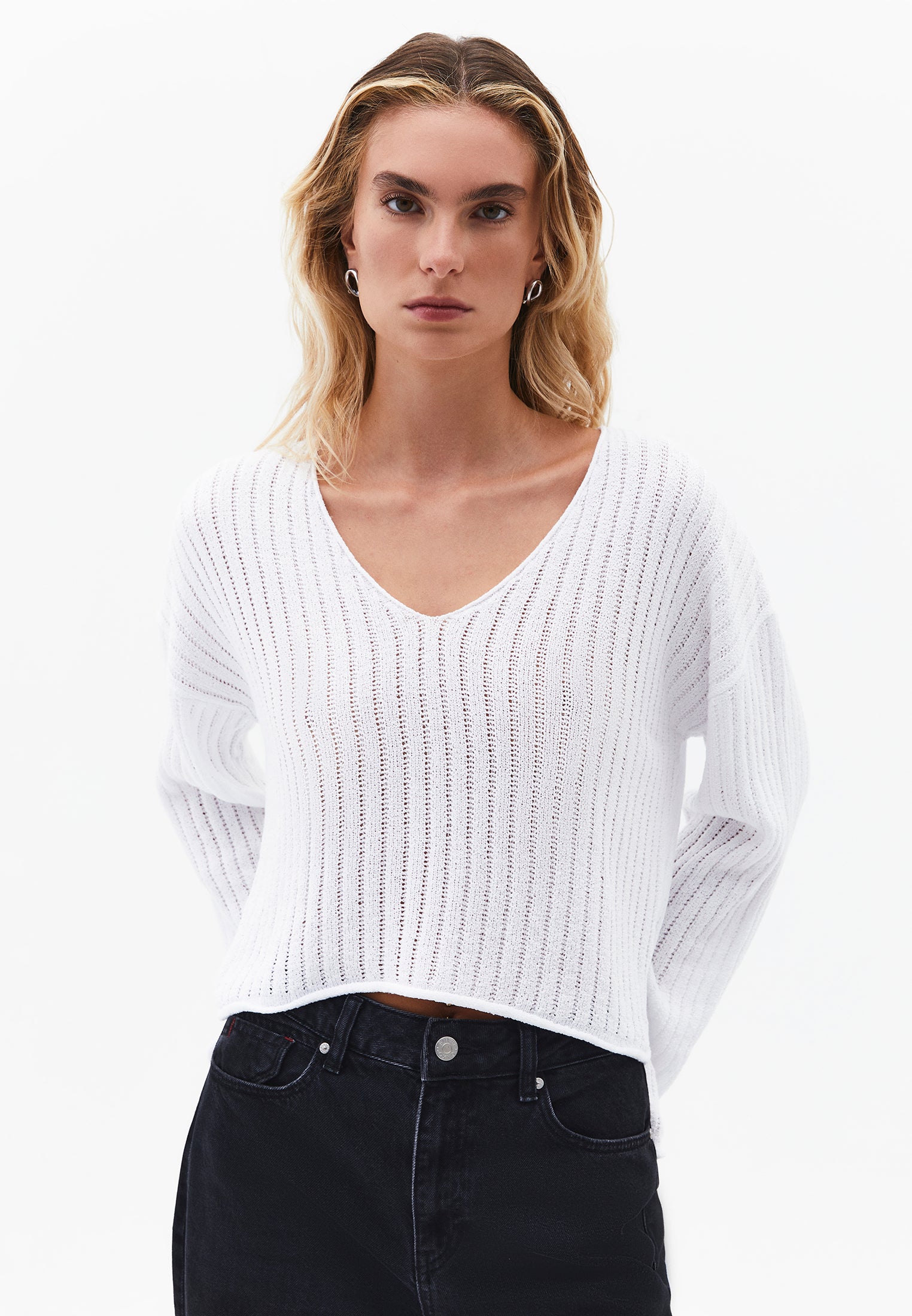 Ribbed V-Neck Long Sleeve Sweater - WHITE