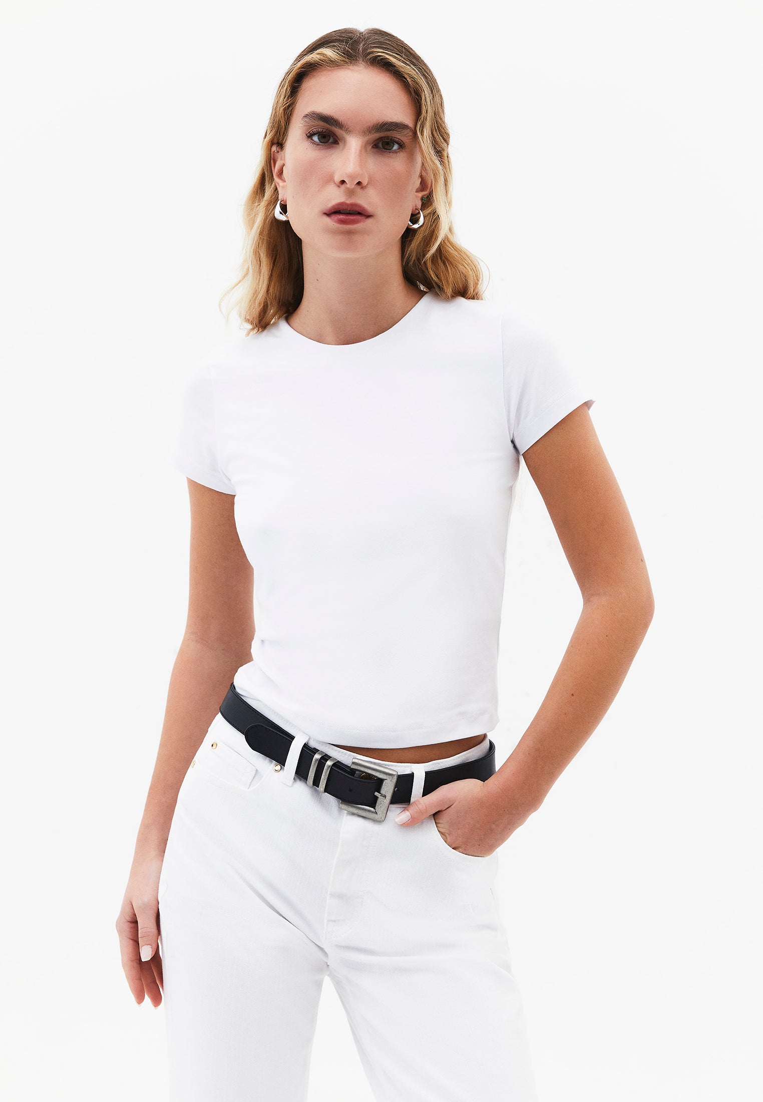 Crew Neck Long Sleeve Bodycon T-Shirt - WHITE