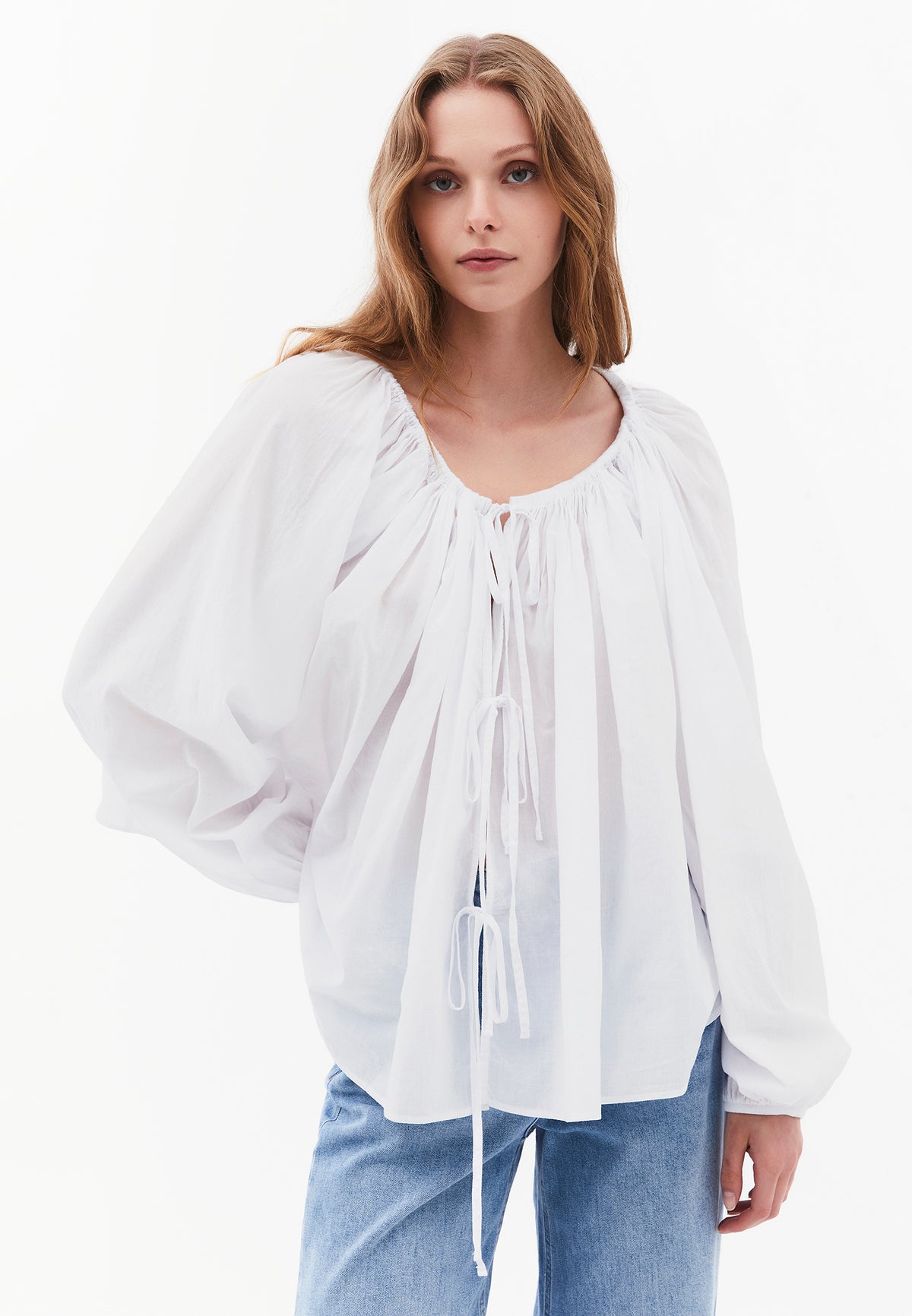 Oversized Long Sleeve Boat Neck Woven Blouse - WHITE
