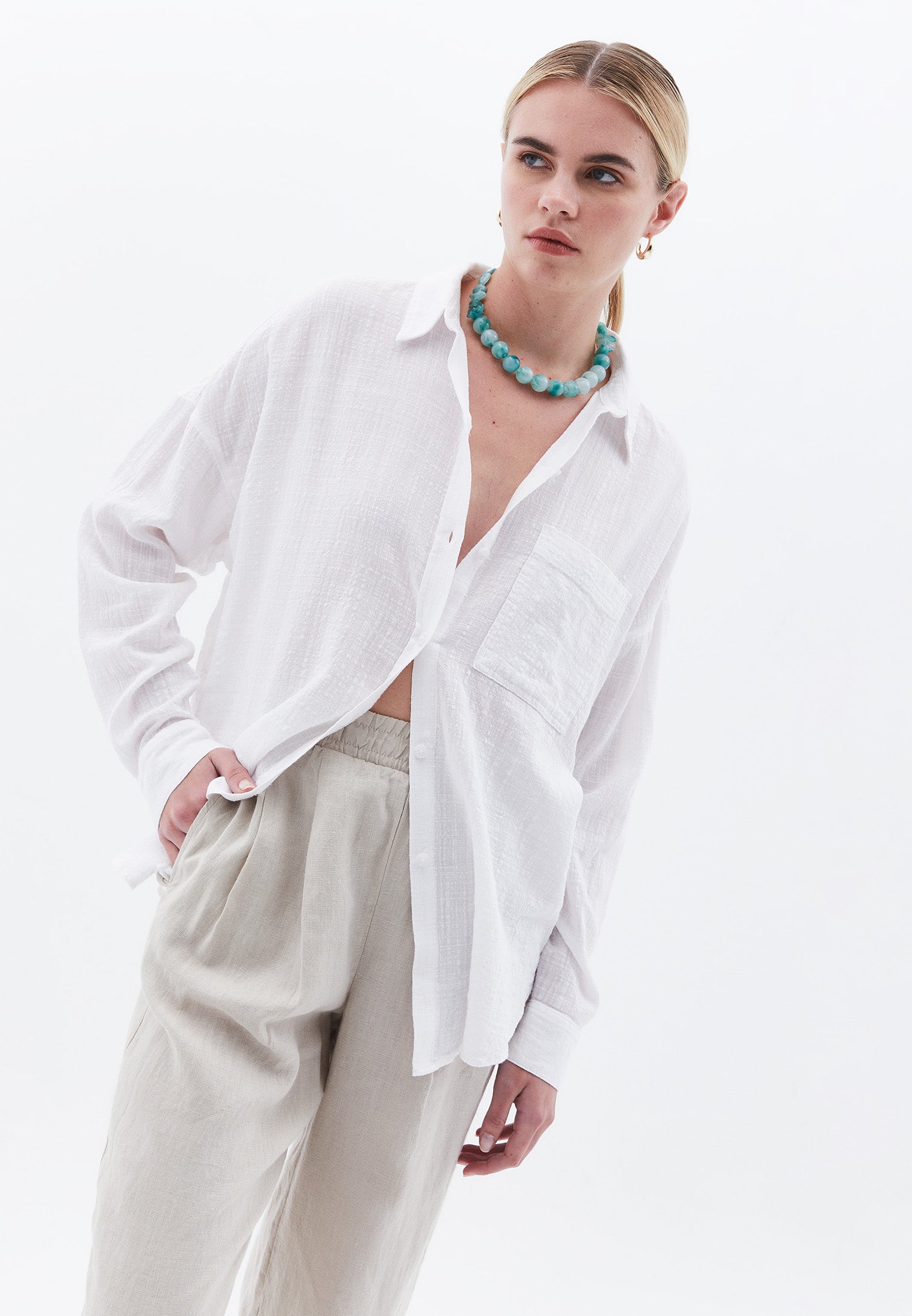 3/4 Sleeve Cotton Shirt - WHITE