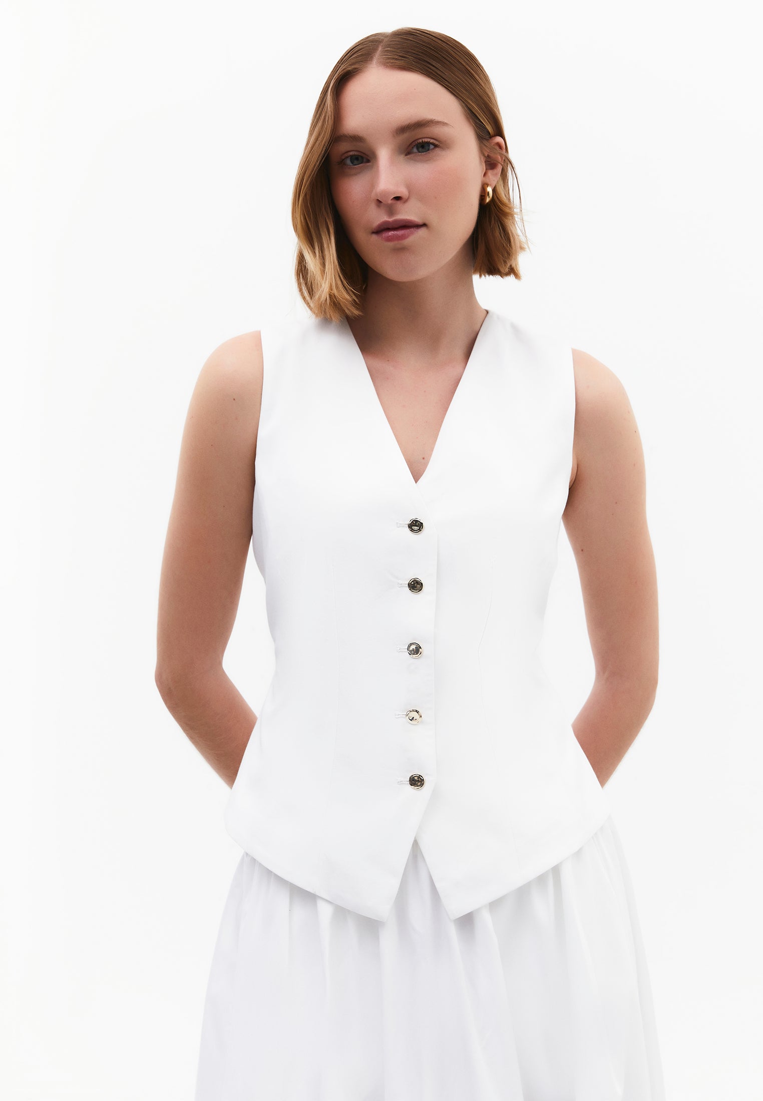V Neck Button Detailed Sleeveless Vest - WHITE