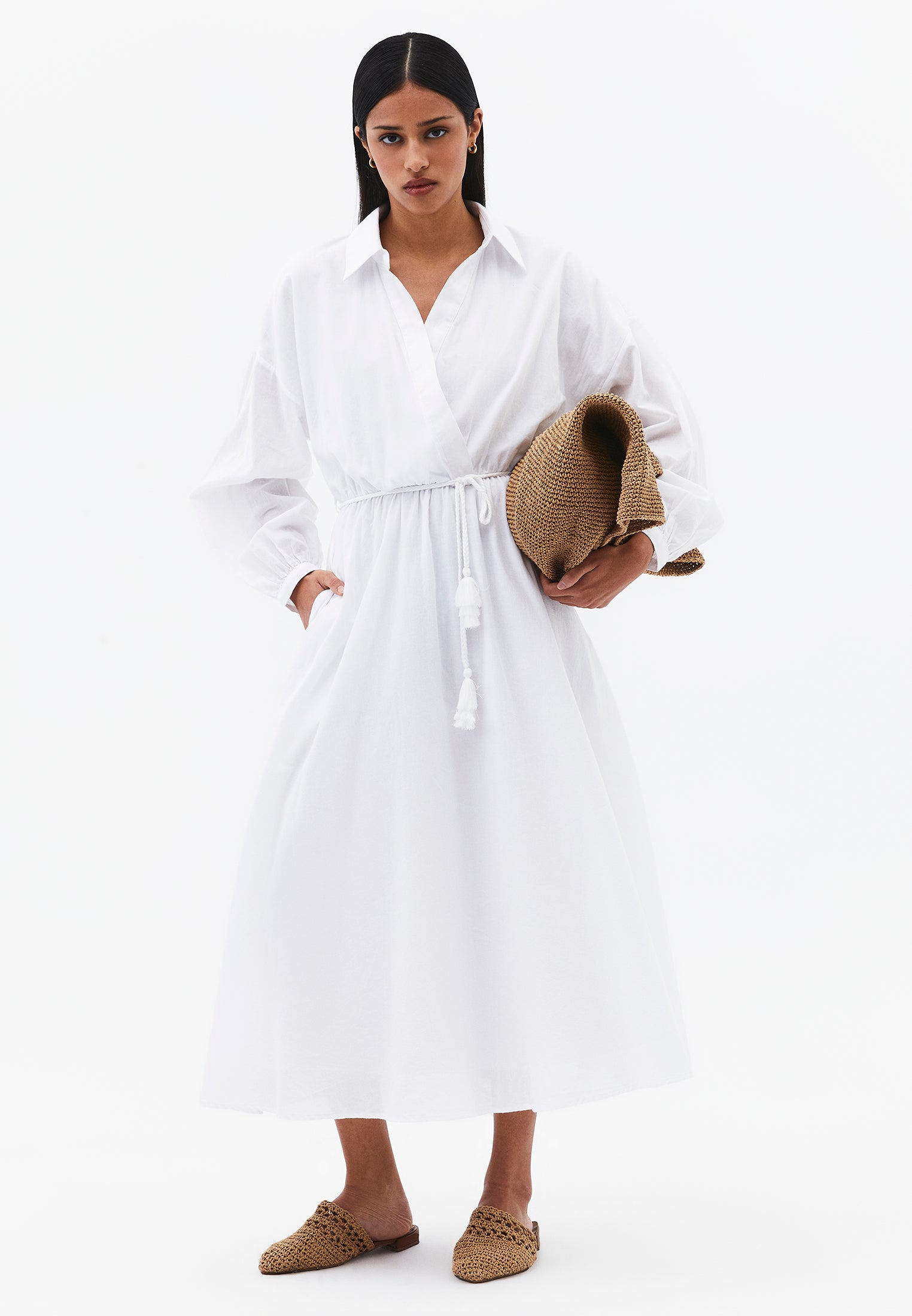 A-Line Long Shirt Collar Dress With Belt Detail - WHITE