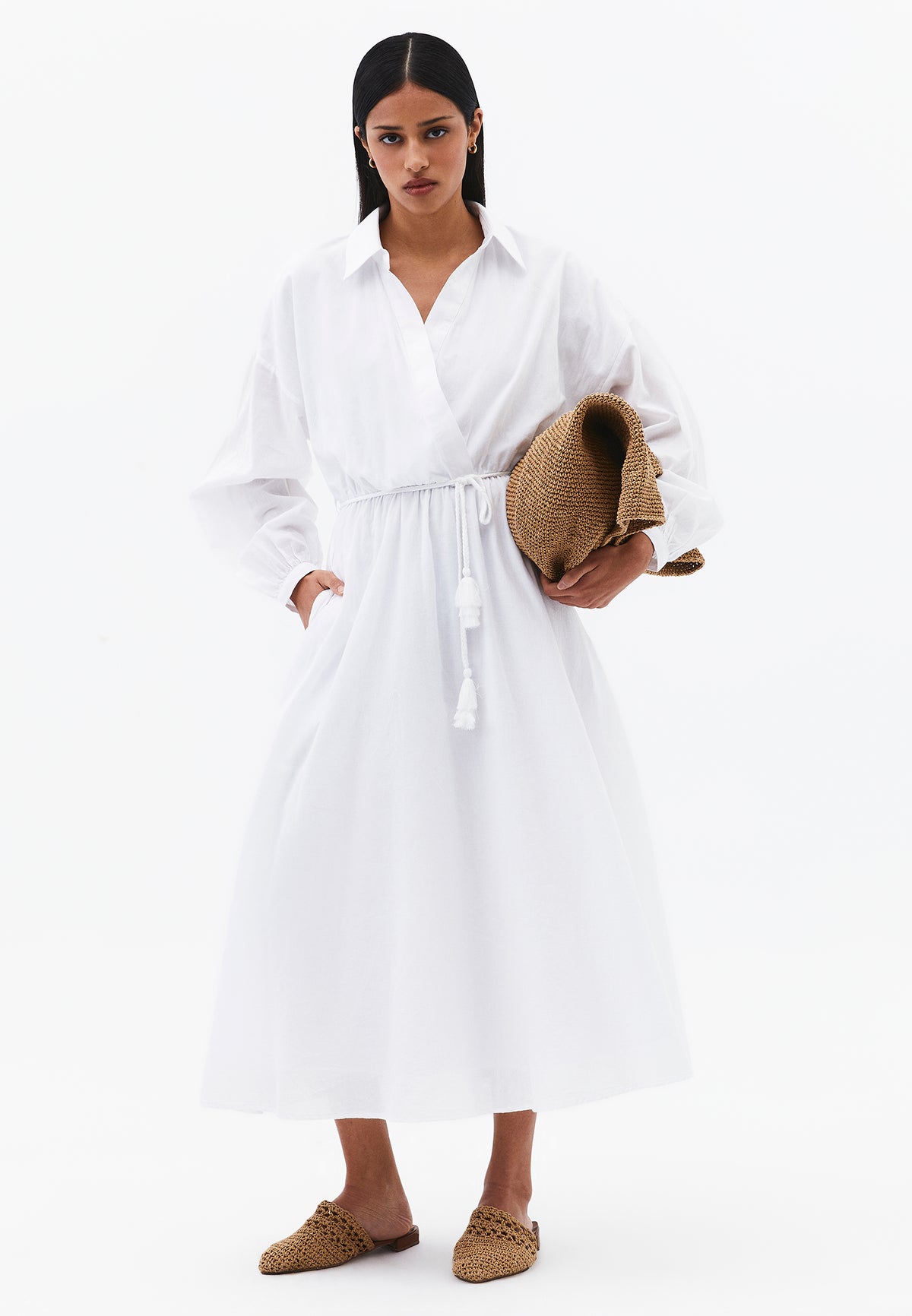 A-Line Long Shirt Collar Dress With Belt Detail - WHITE