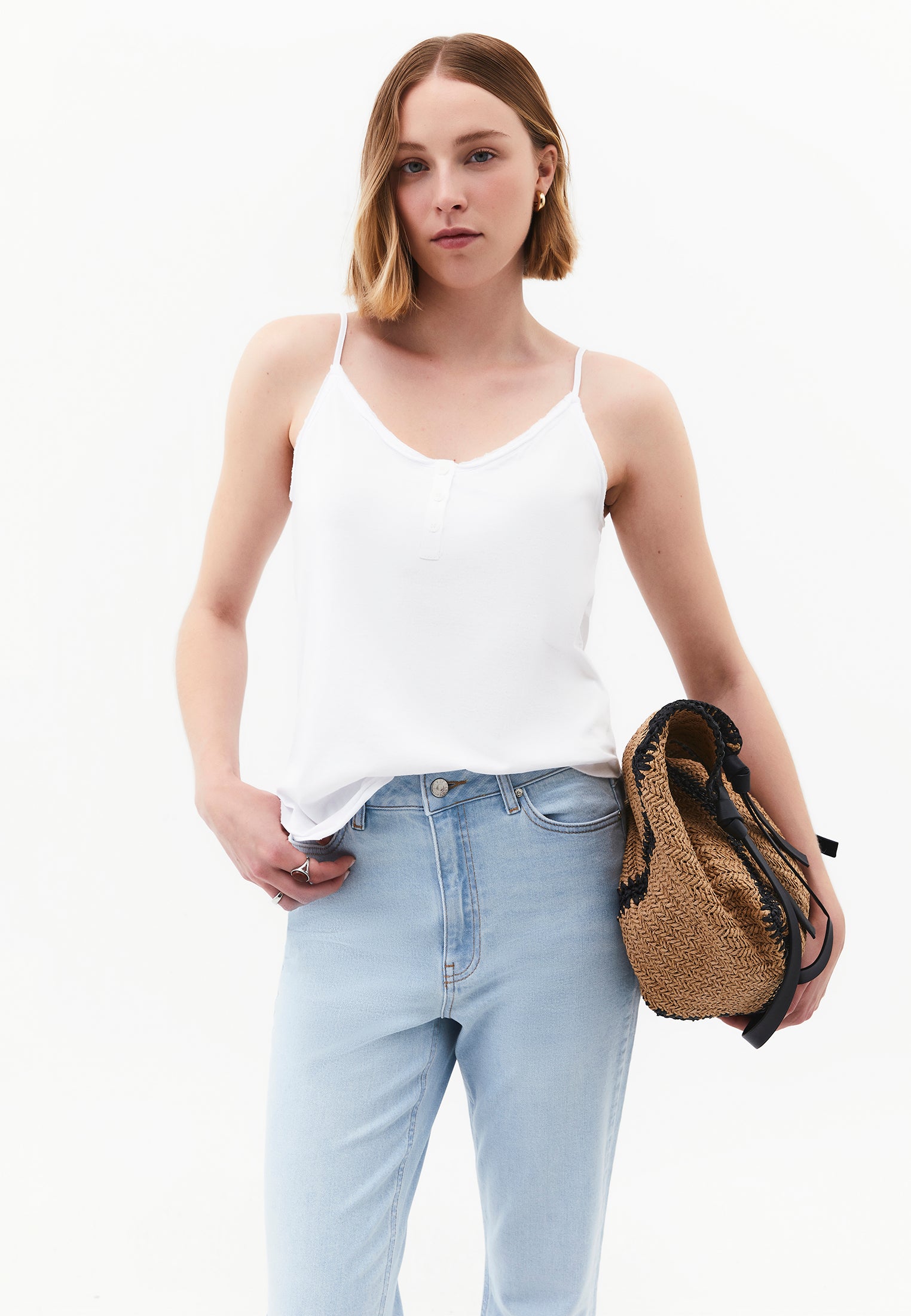 Loose V-Neck Top With Button Details - WHITE