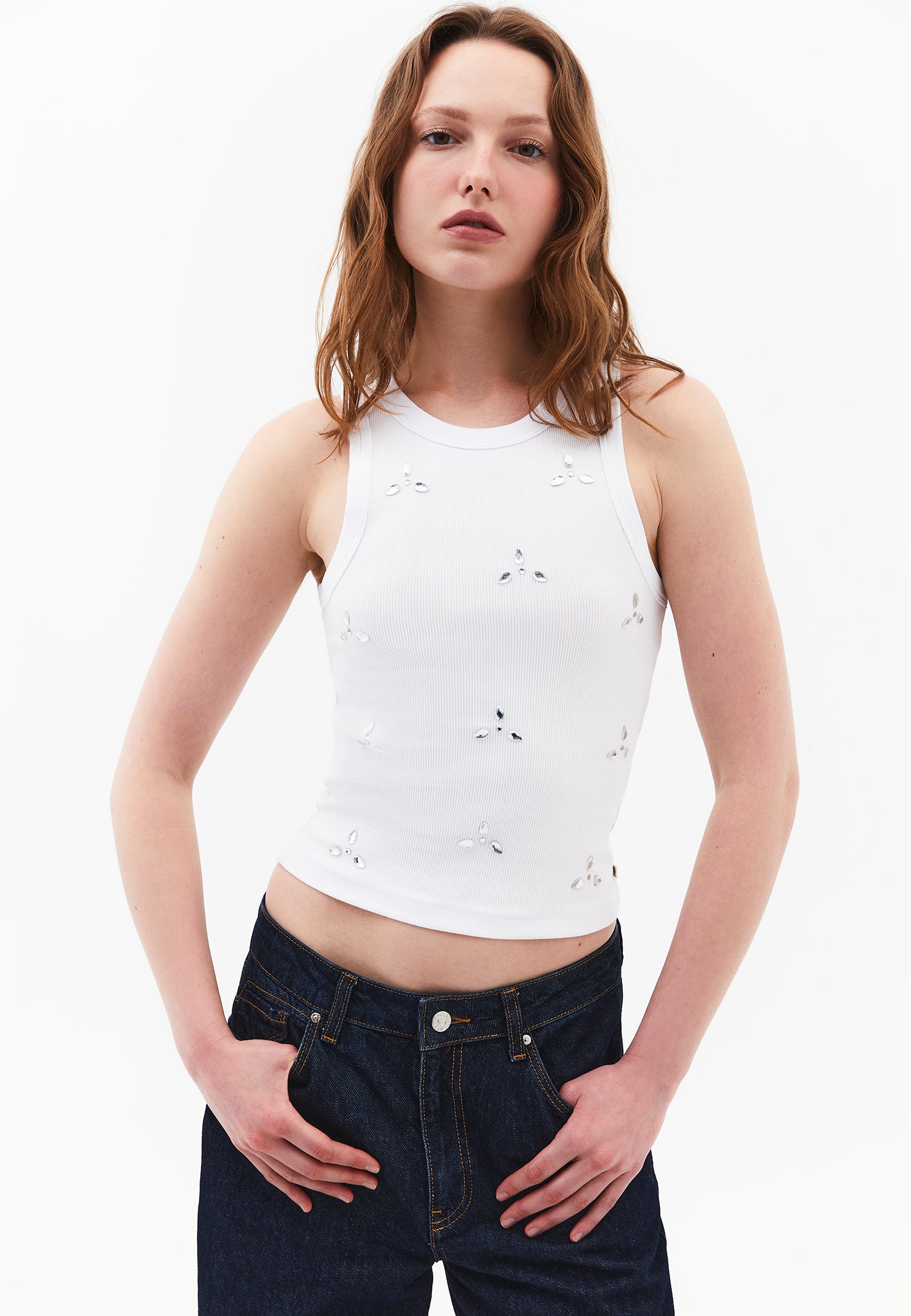 Bodycon Tank Top With Stone Detail - WHITE