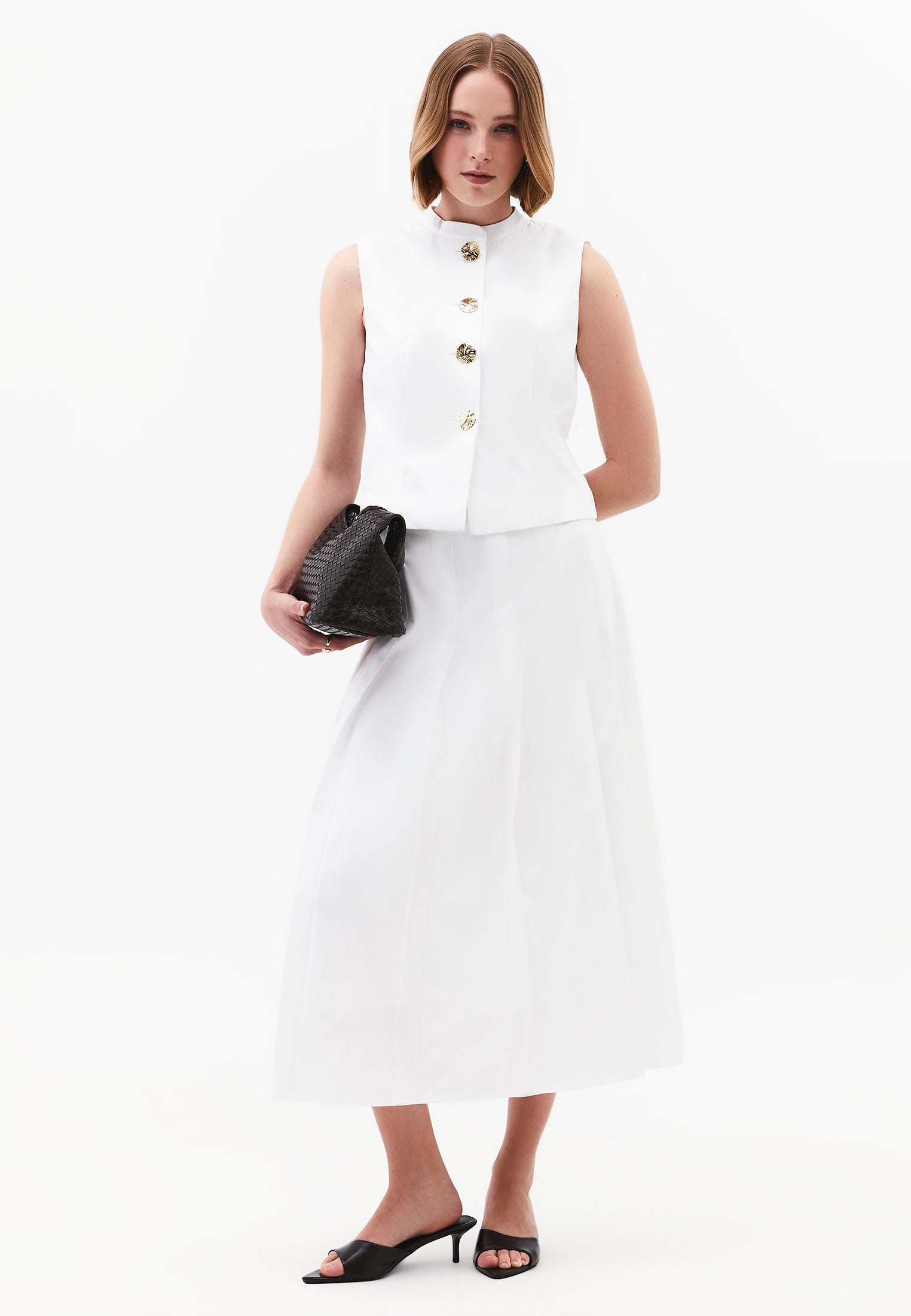 Pleated Flared Midi Skirt - WHITE