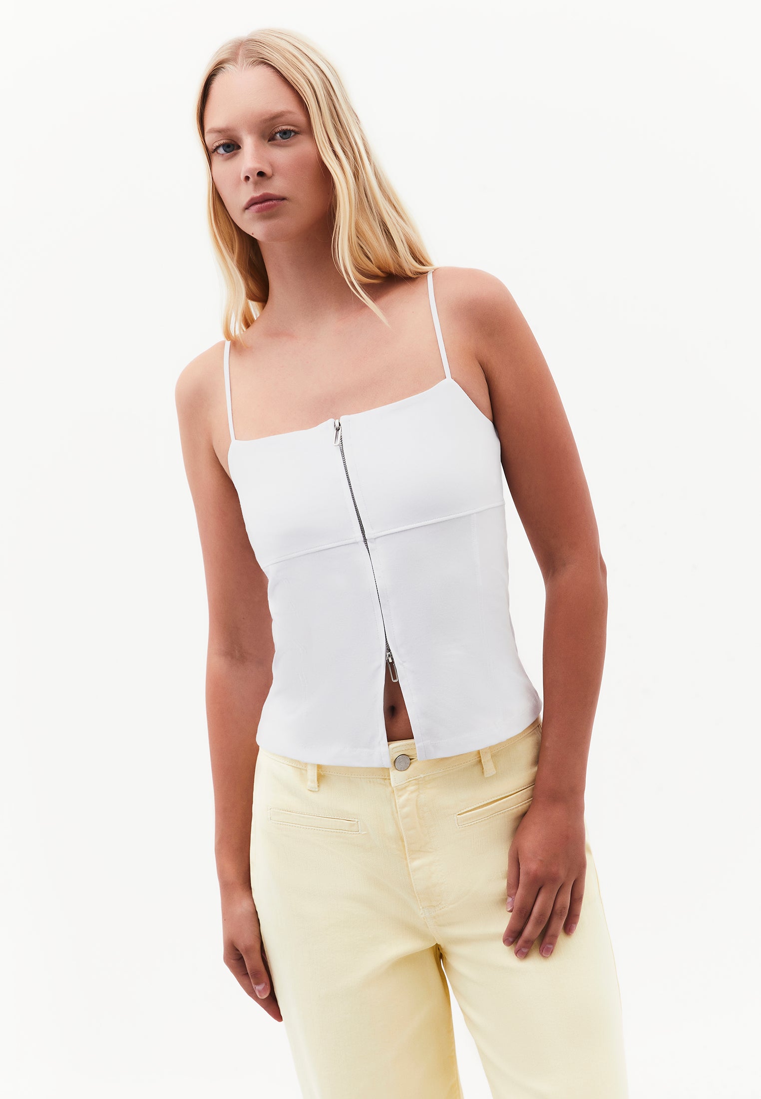 Sleeveless Top With Zipper Detail And Square Neckline - WHITE