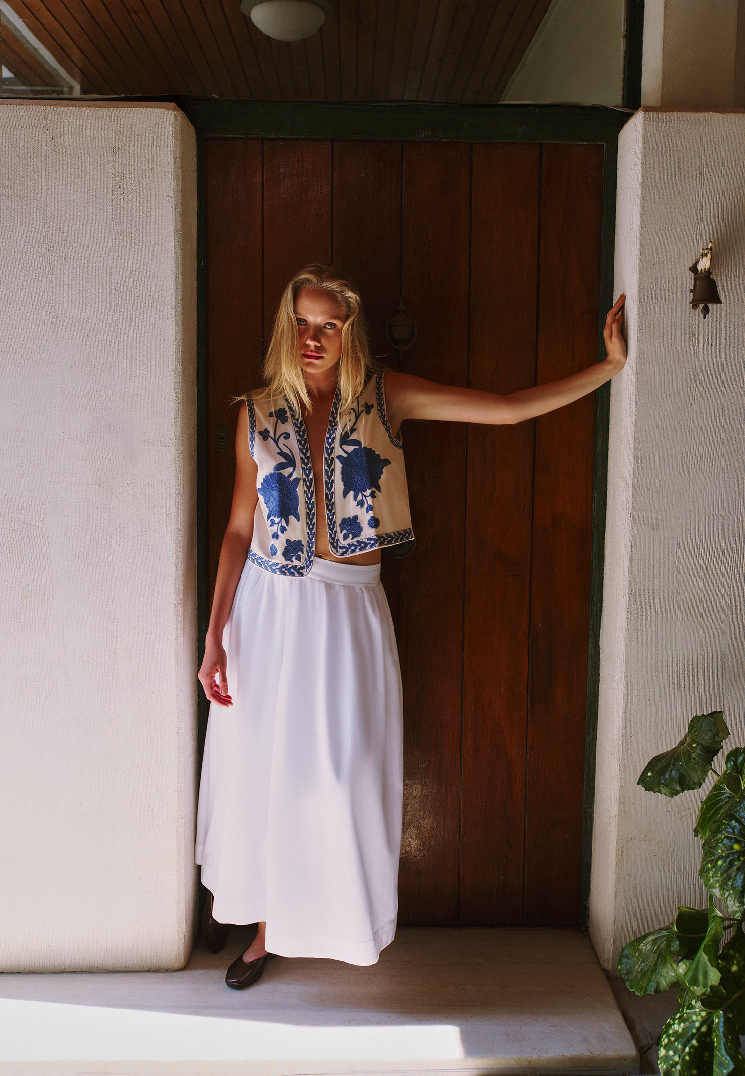 Flared Long High Waist Woven Skirt - WHITE