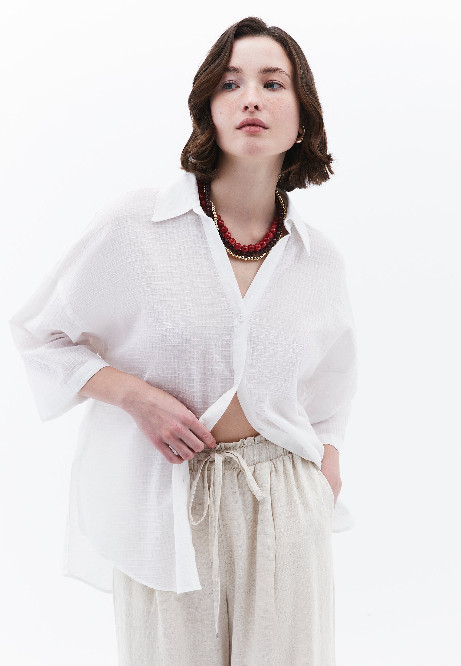 Oversized Shirt With Button Details - WHITE