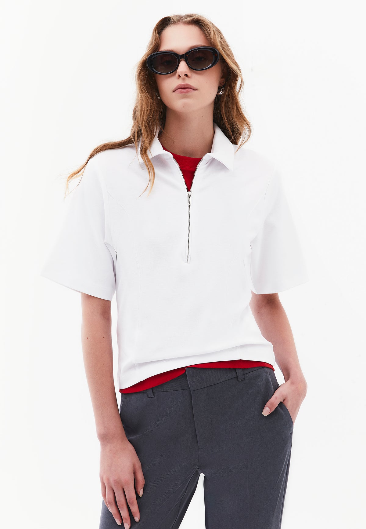 Polo Collar Zip Detailed T-Shirt - WHITE