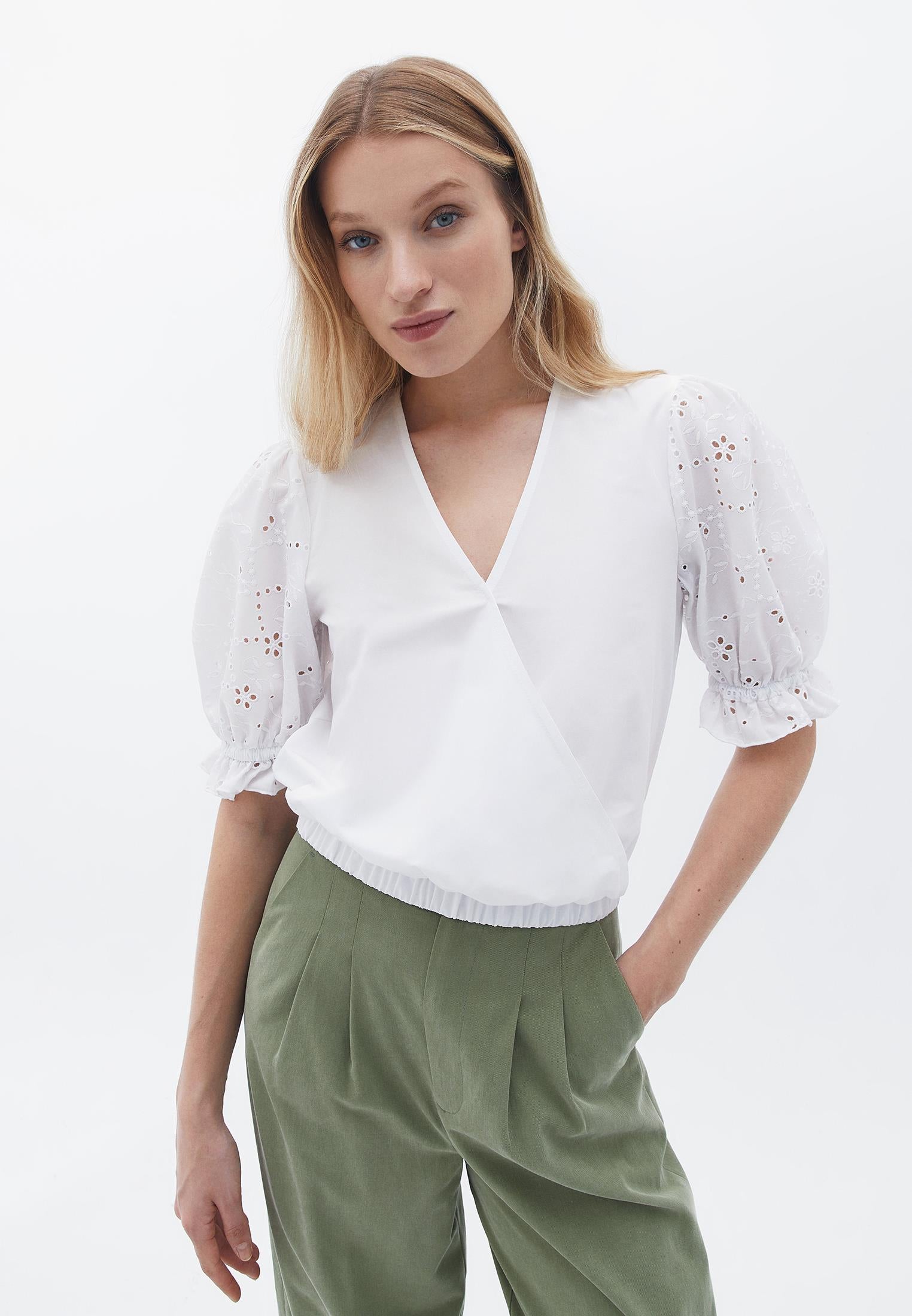 V Neck Broderie Blouse - WHITE