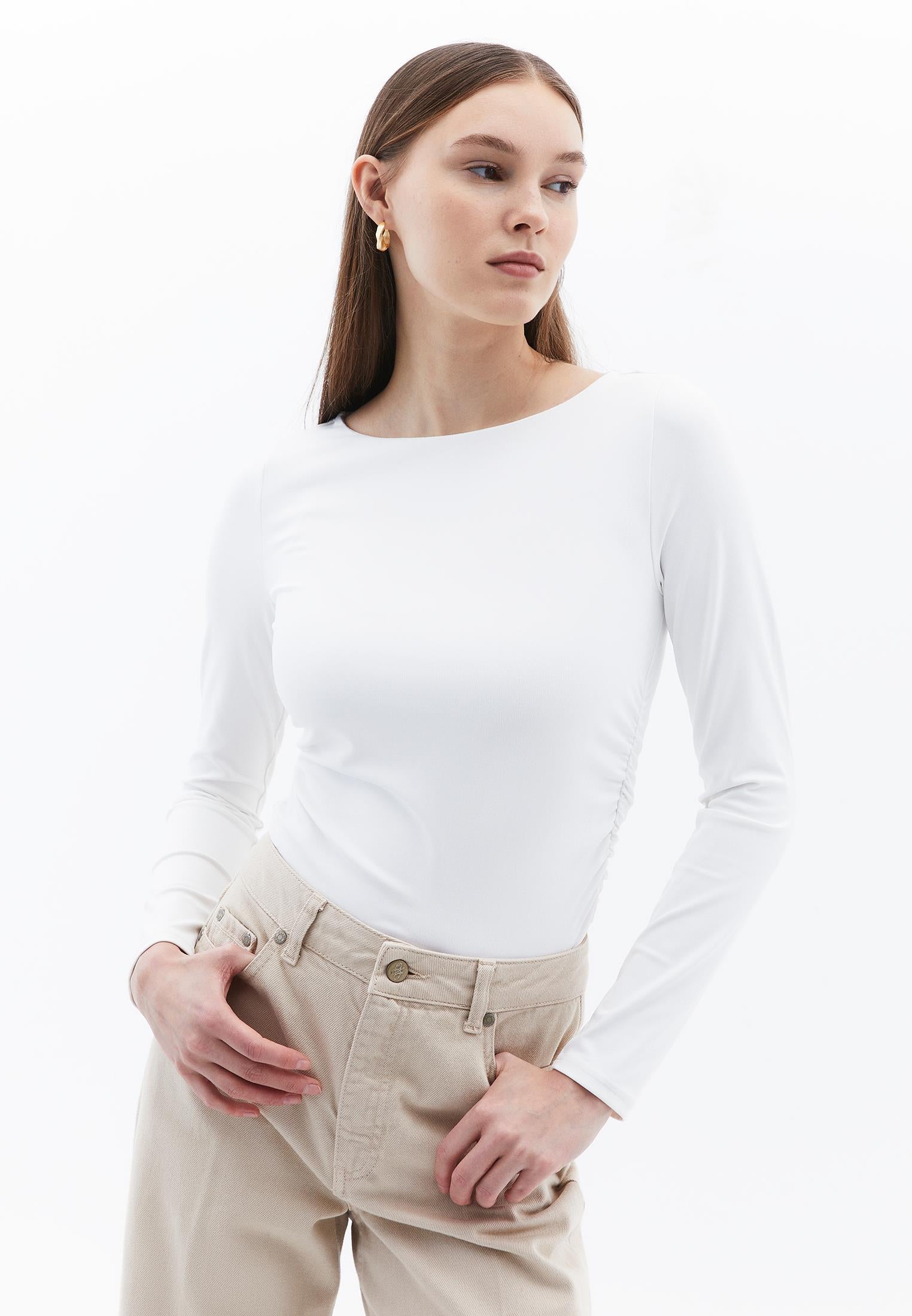 Boat Neck Long Sleeve Bodycon T-Shirt - WHITE