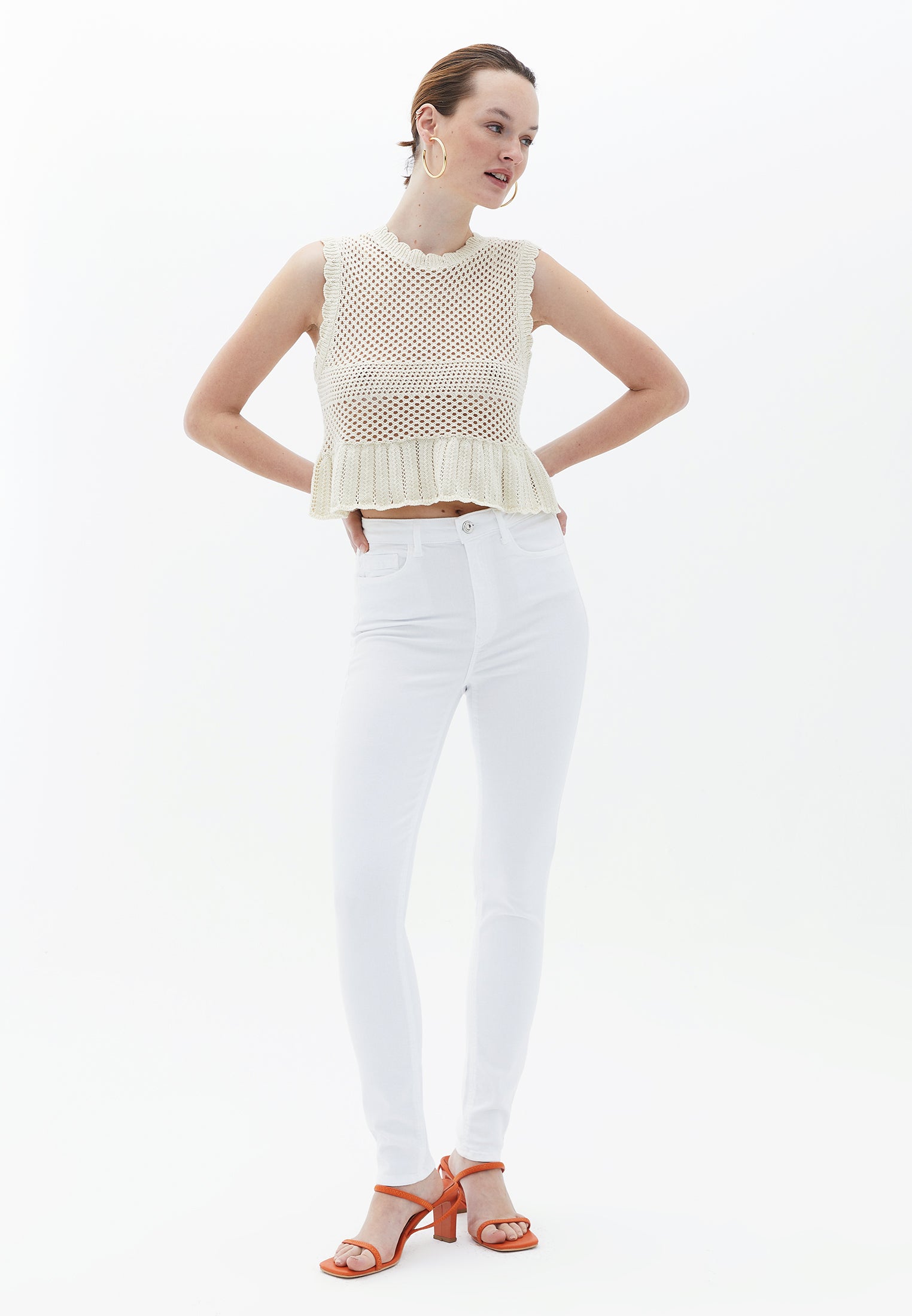 High Waist Cropped Skinny Pants With Pocket Detail - WHITE