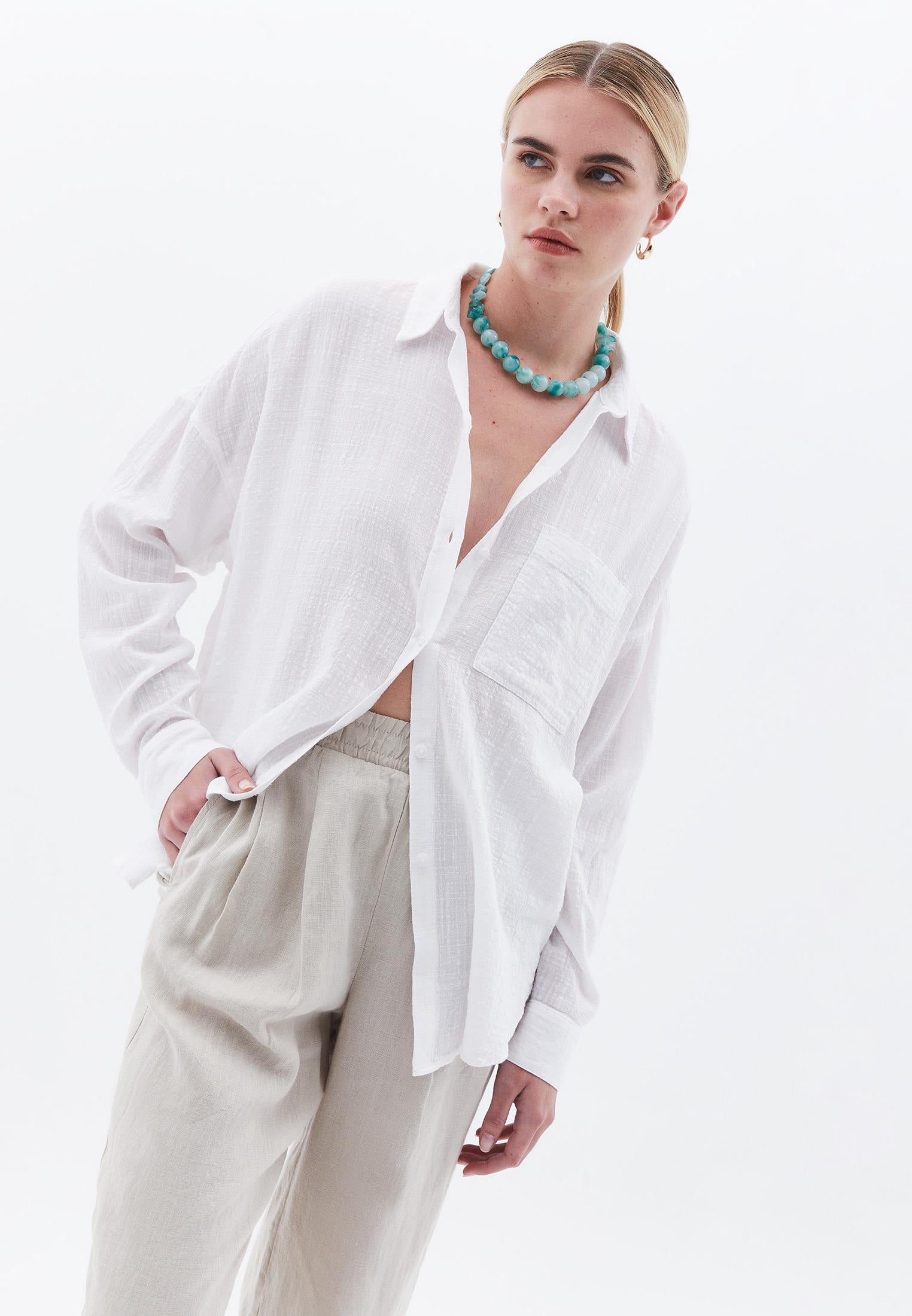 3/4 Sleeve Cotton Shirt - WHITE