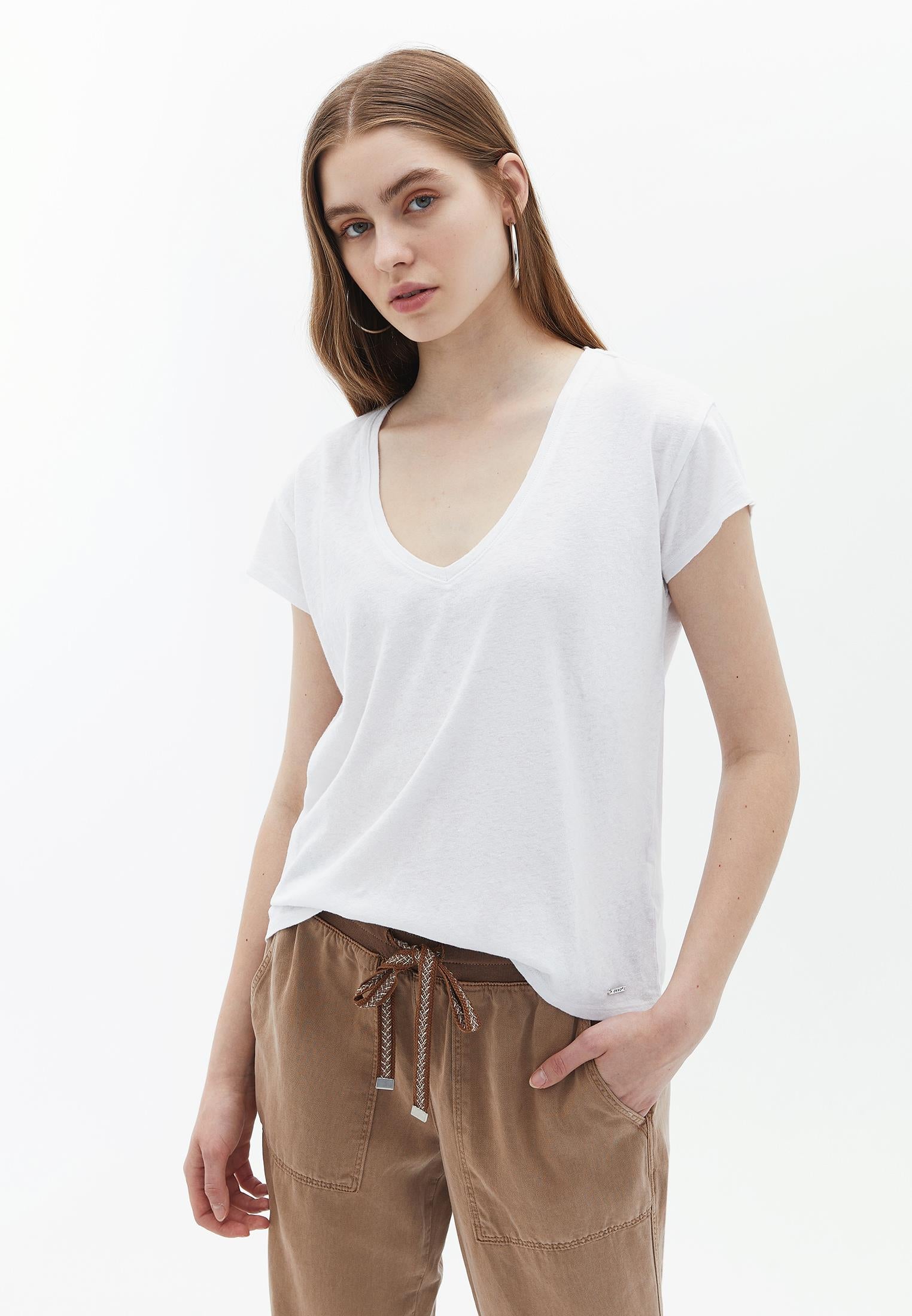 V Neck Linen T-Shirt - WHITE