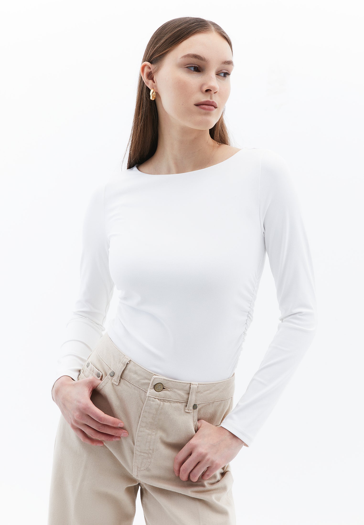 Boat Neck Long Sleeve Bodycon T-Shirt - WHITE