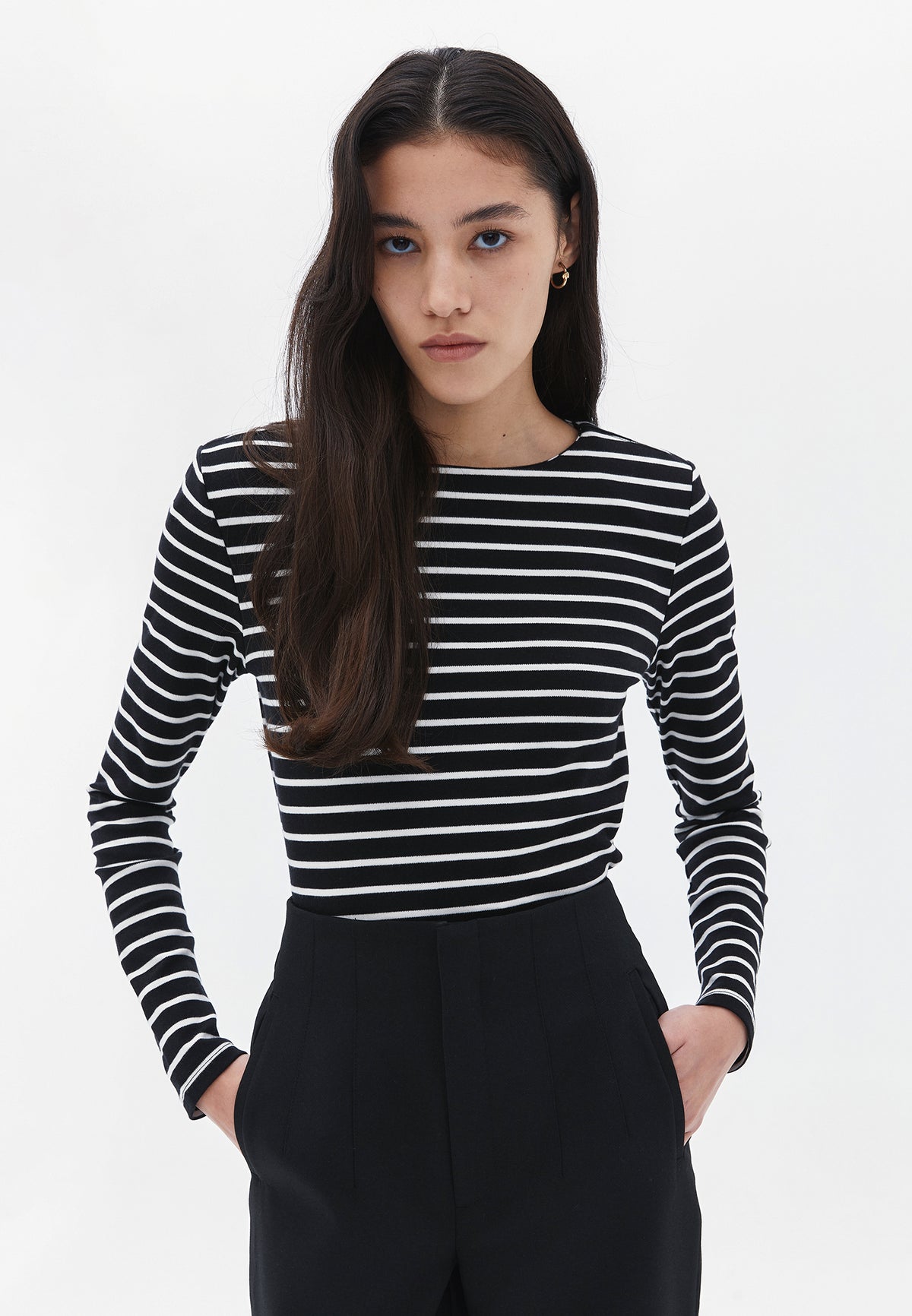 Long Sleeve Boat Neck Sweatshirt - BLACK/WHITE
