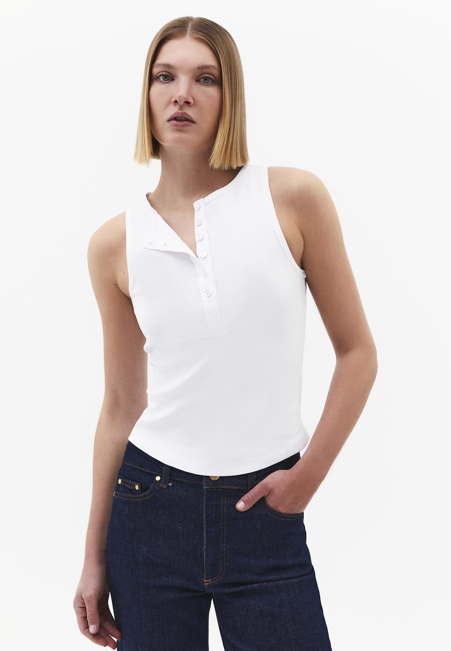 Crew Neck Button Detailed Tank Top - WHITE