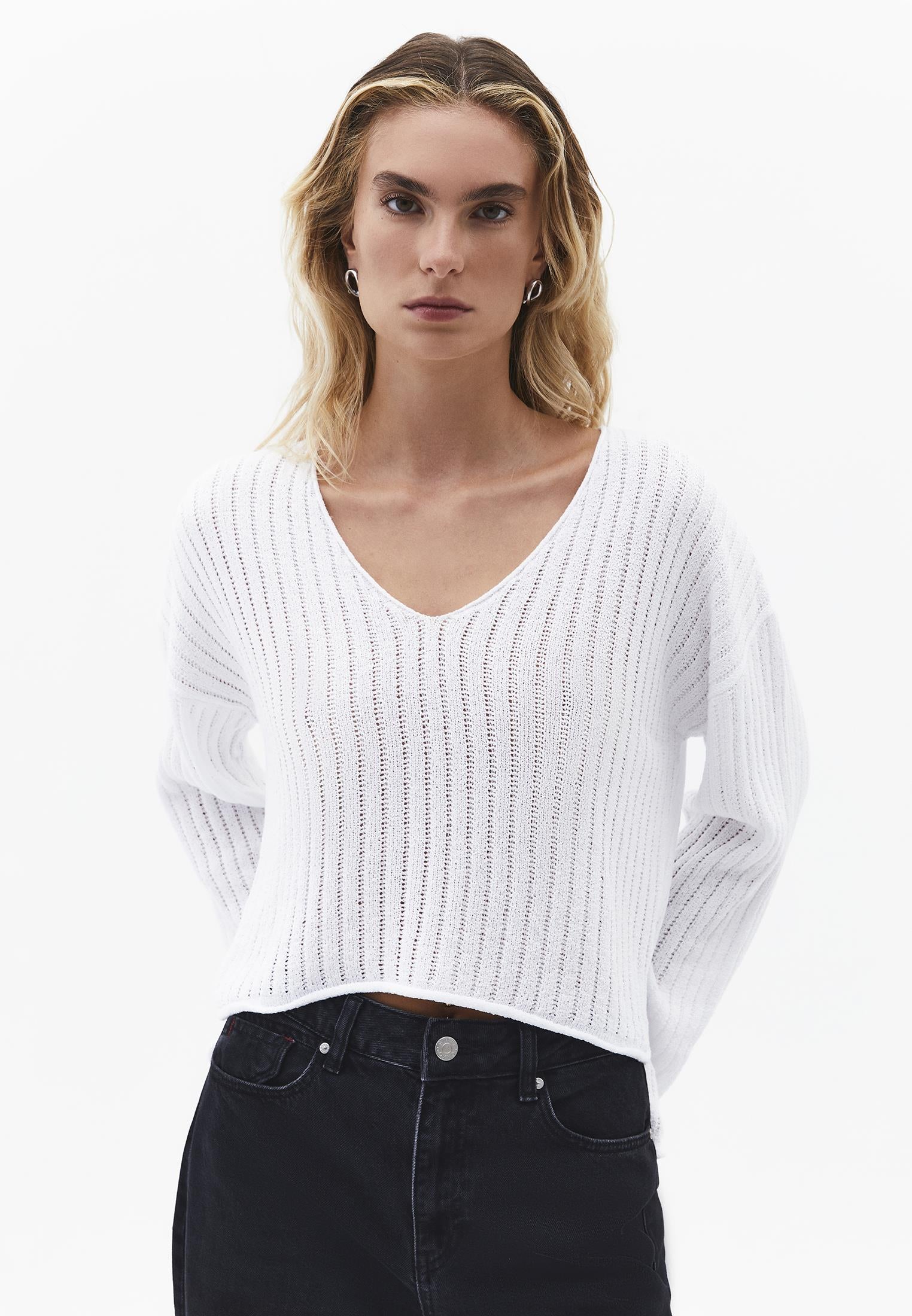 Ribbed V-Neck Long Sleeve Sweater - WHITE