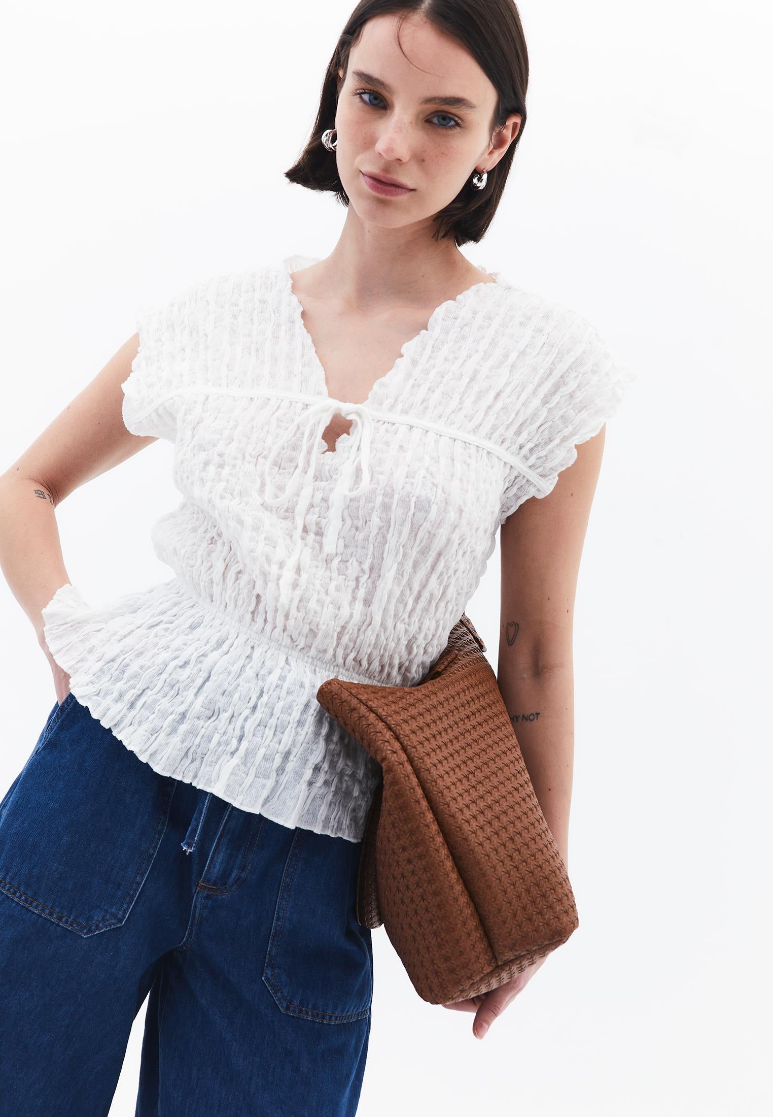 V Neck Short Sleeve Blouse - WHITE