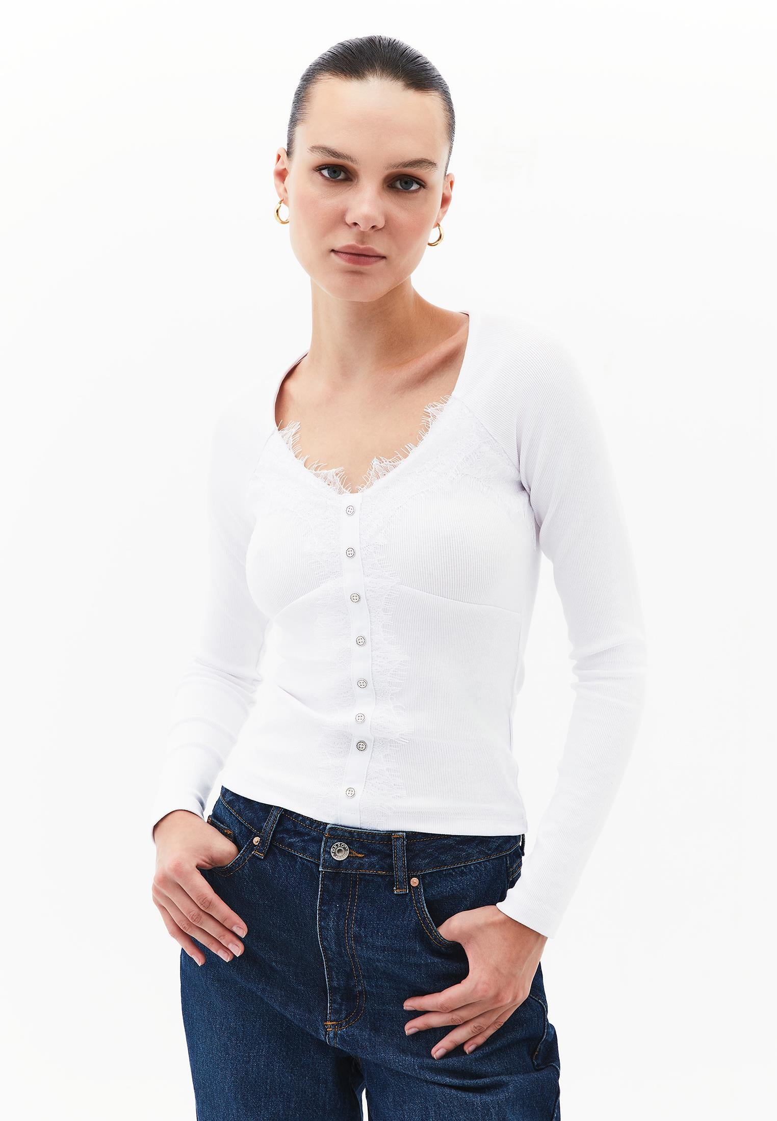 Ribbed Fabric Button Detailed V Neck Long Sleeve T-Shirt - WHITE