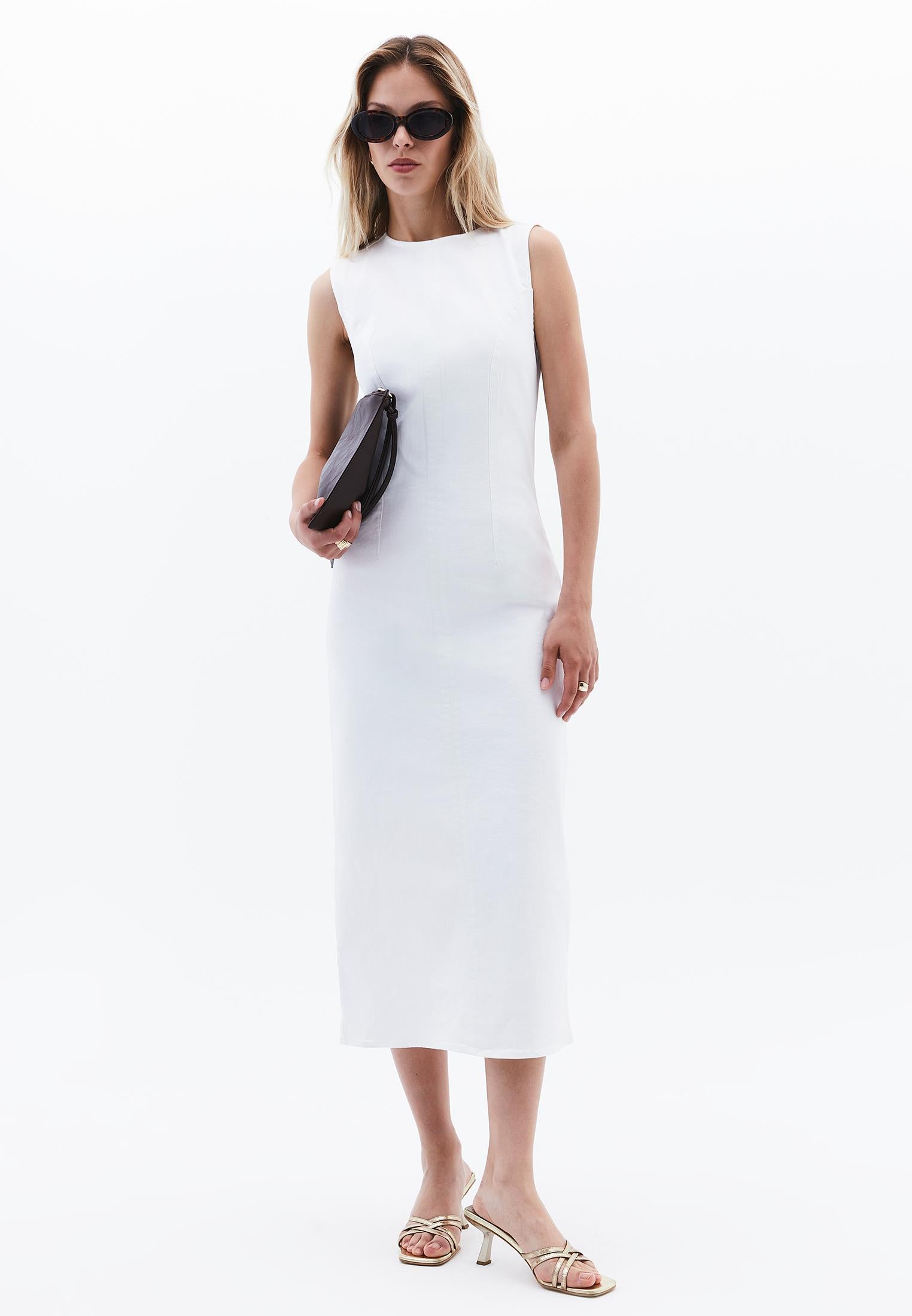Boat Neck Sleeveless Long Slim Dress - WHITE