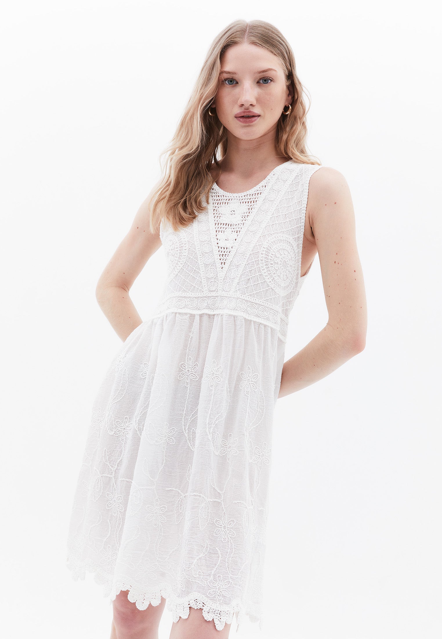 Sleeveless Bohemian Style Short Dress - WHITE