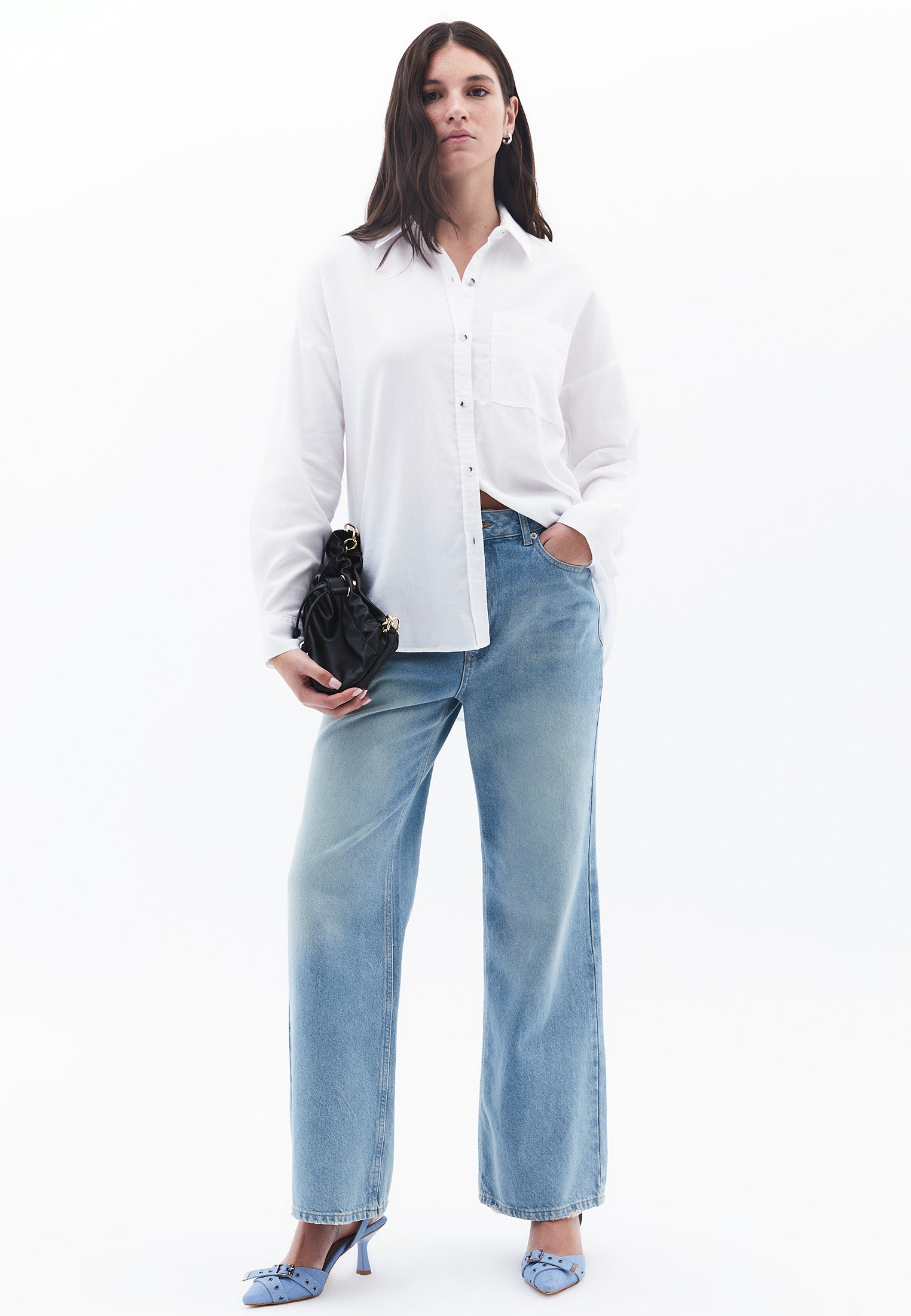Long Sleeve Shirt Collar Shirt With Button Details - WHITE