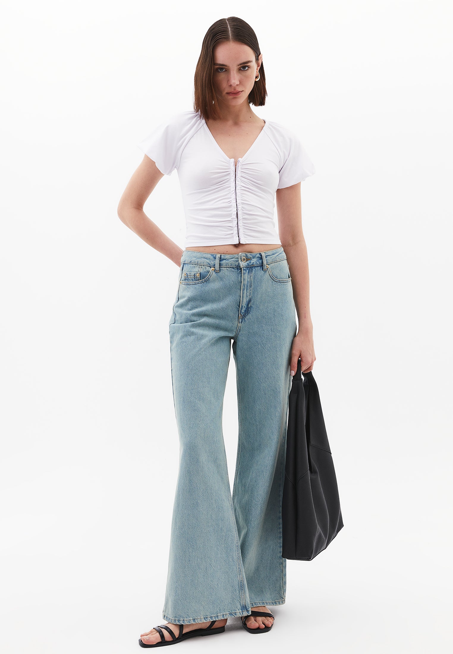 V Neck Balloon Sleeve Blouse - WHITE