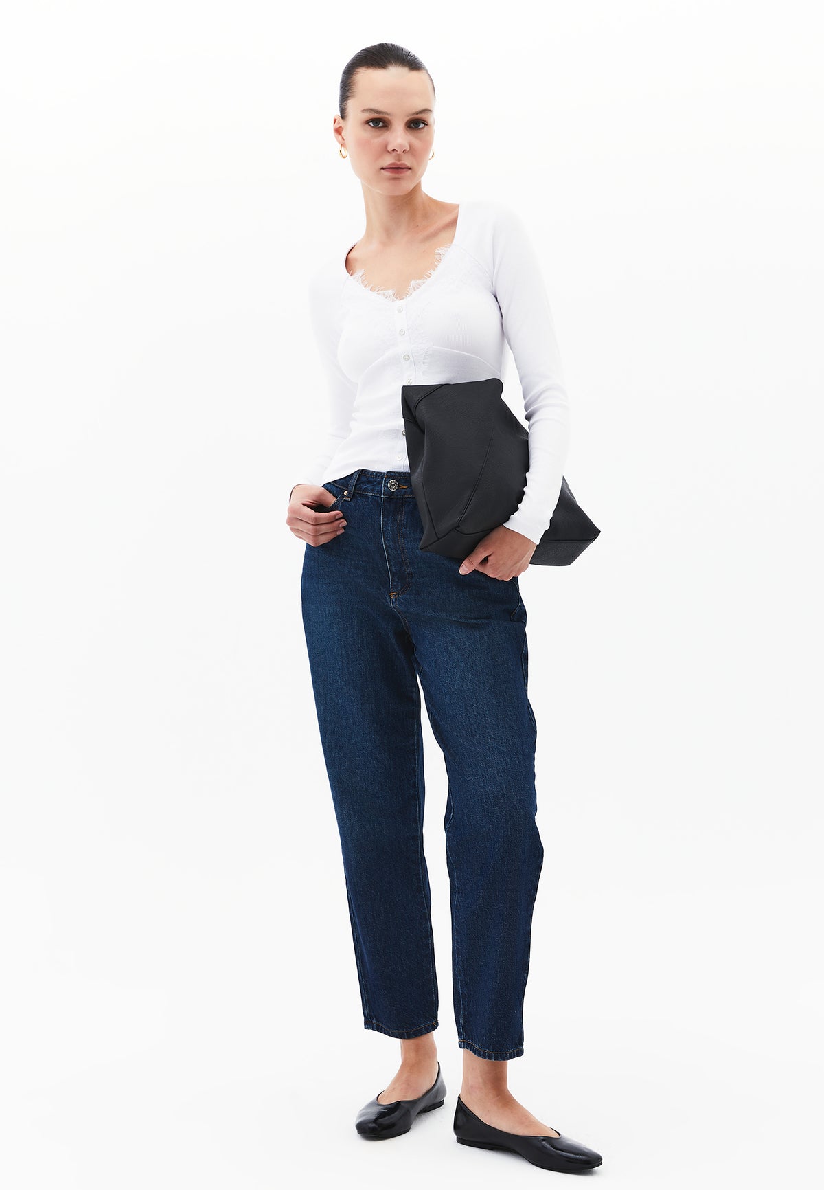 Ribbed Fabric Button Detailed V Neck Long Sleeve T-Shirt - WHITE