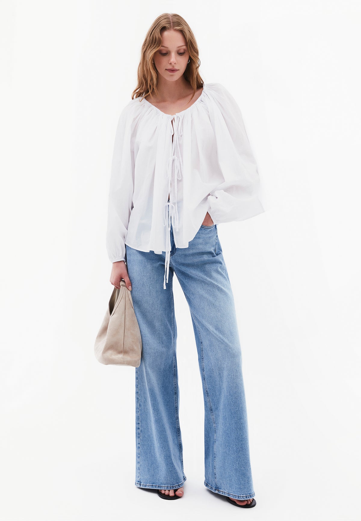 Oversized Long Sleeve Boat Neck Woven Blouse - WHITE